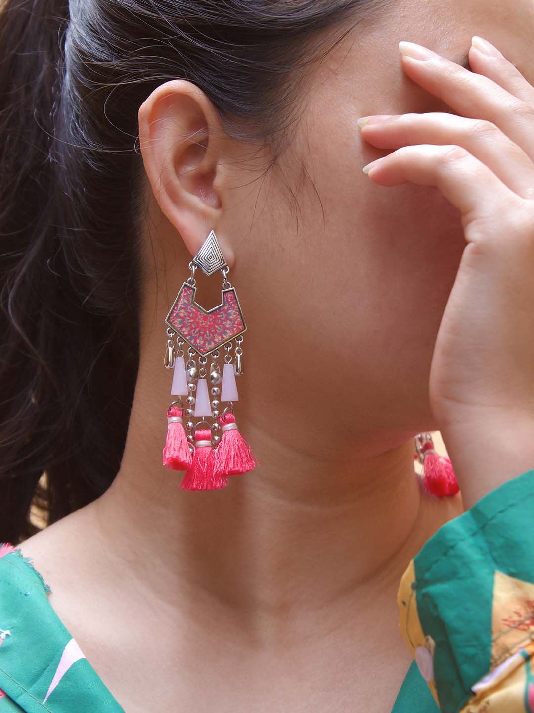 Pink Color Tassel With Enamel Paint Earring