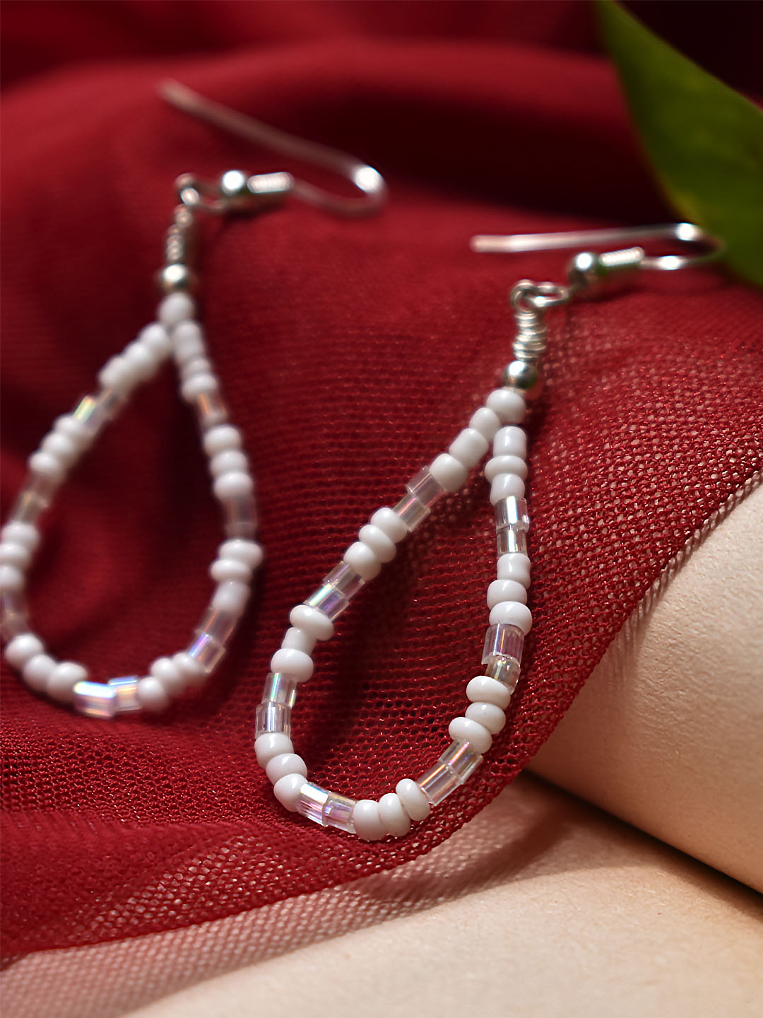 Silver Plated Teardrop Design White Color Beads And Crystals Drop Earring