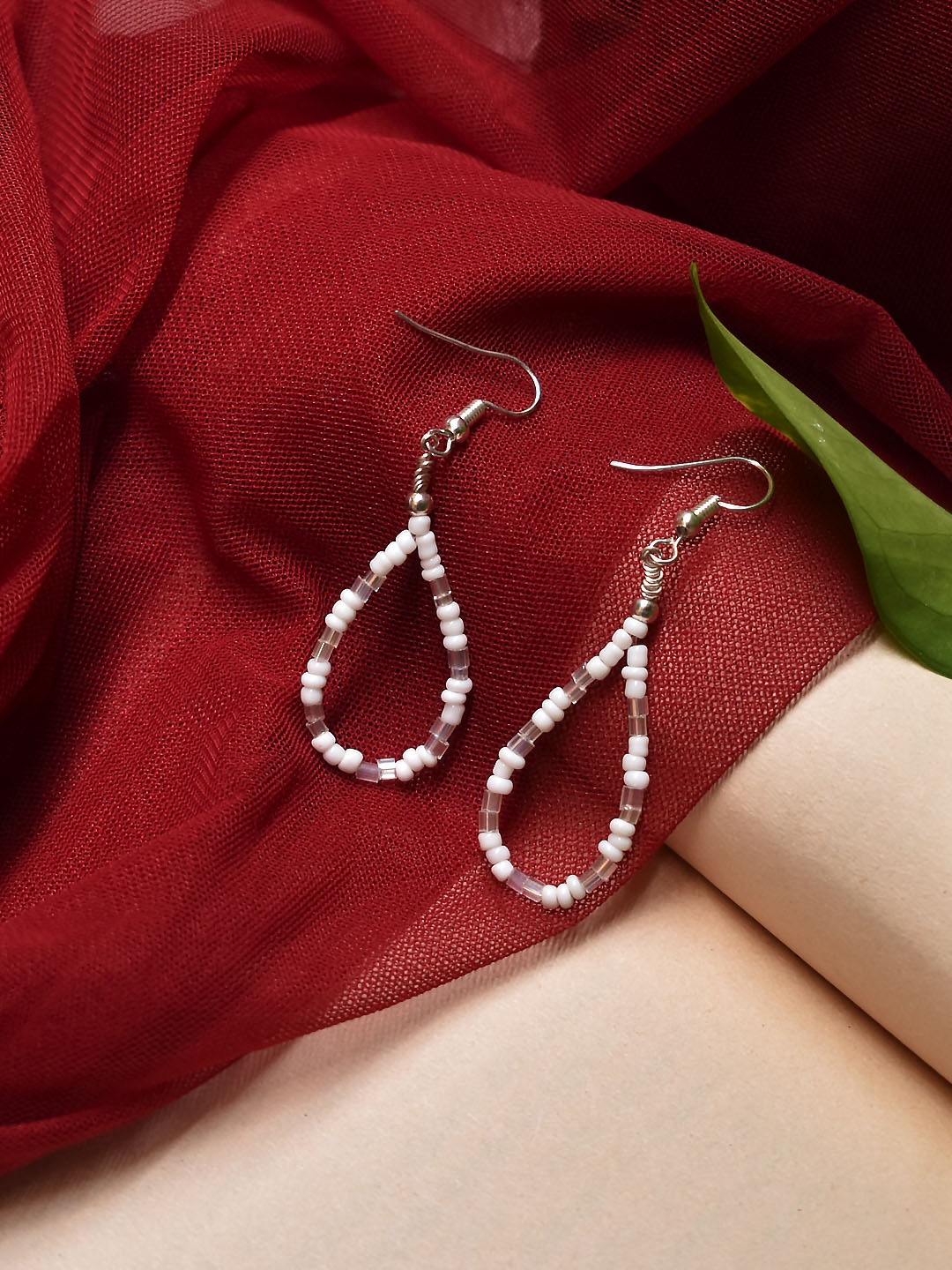 Silver Plated Teardrop Design White Color Beads And Crystals Drop Earring