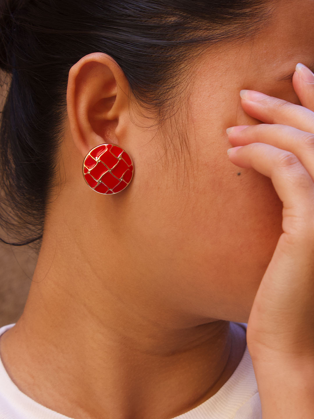 Gold Plated Circular Design Red Color Enamel Painted Stud Earring