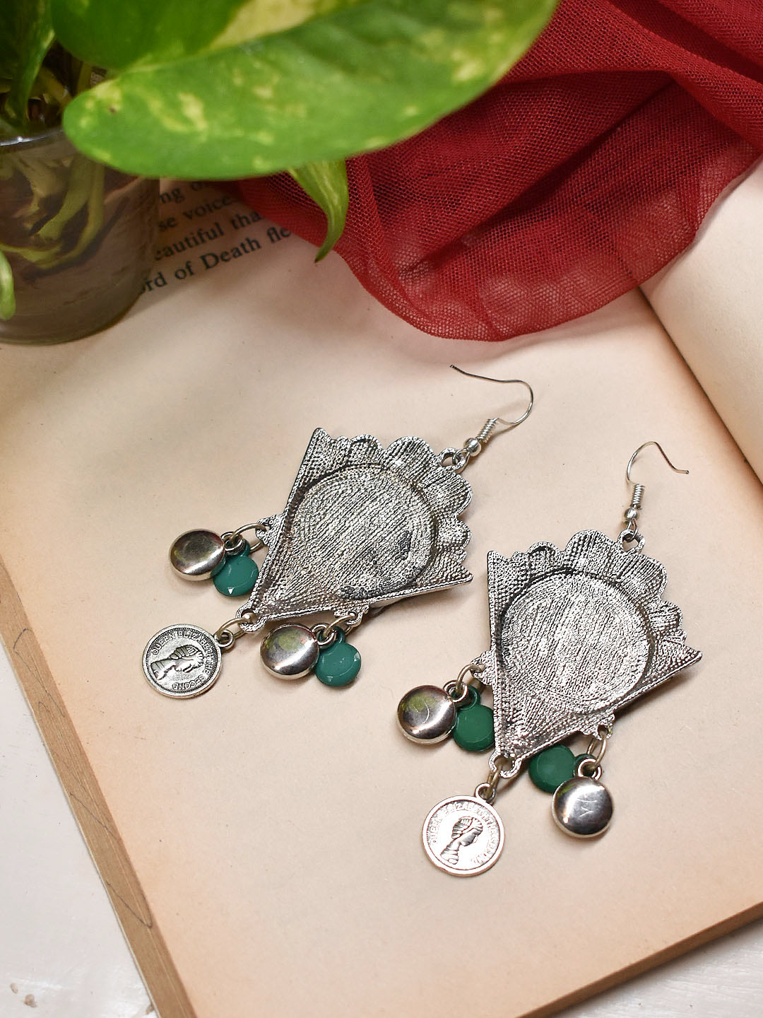 Silver Plated Circular Shape Floral Design Hanging Silver Vintage Coins Dangler Earring