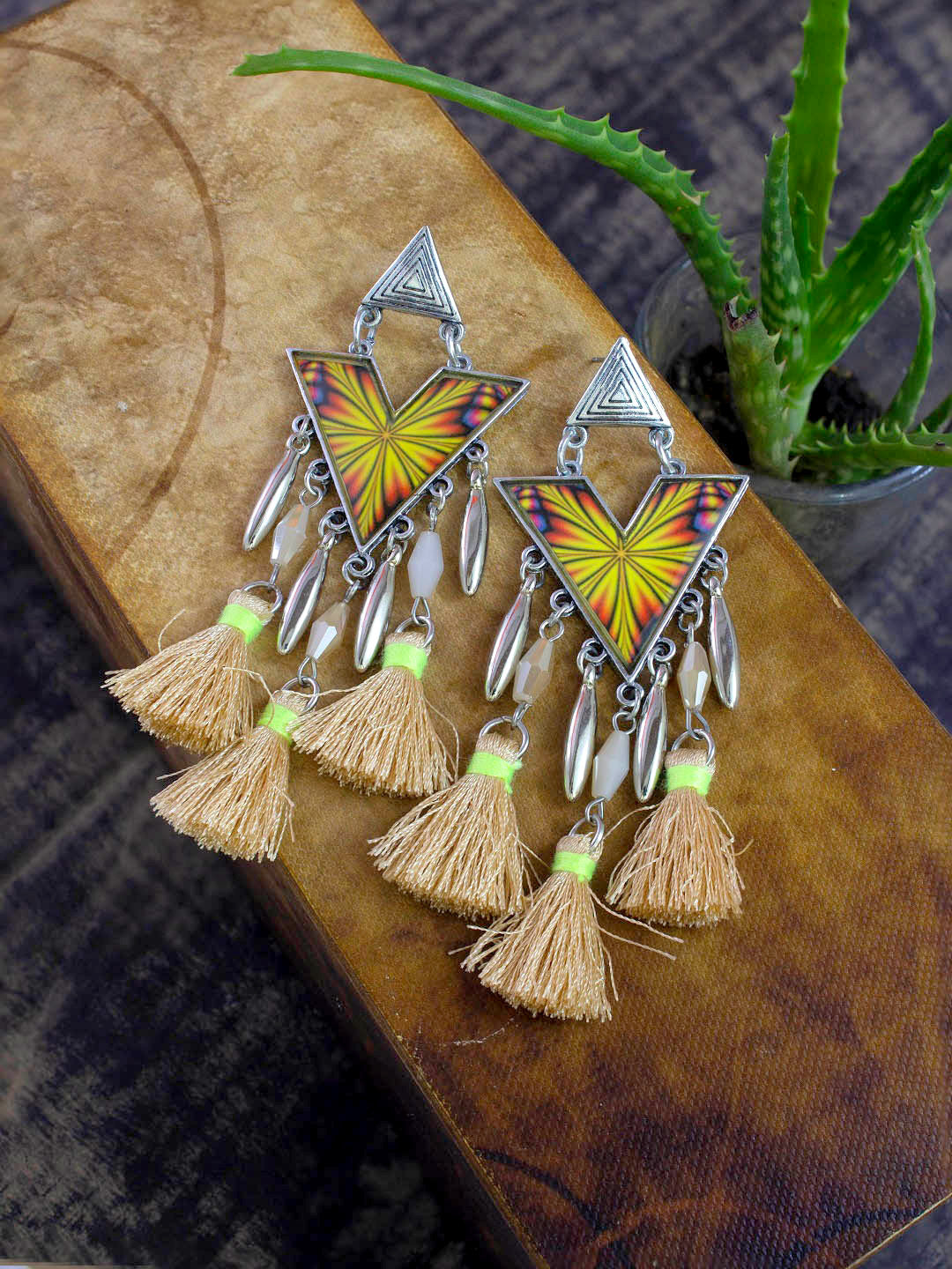 Silver Plating V Shape Floral Design Multicolor Enamel Paint Tassel Earring
