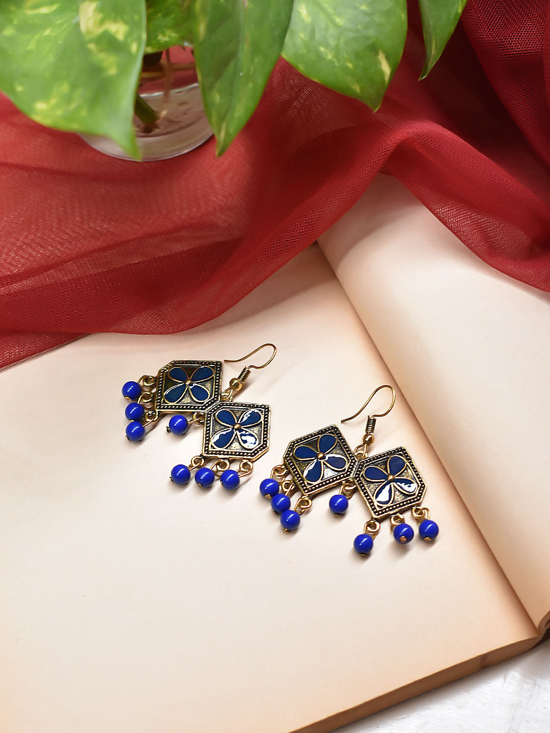 Silver Plated Blue Color Enamel Painted Rhombus Design With Hanging Beads Dangler Earring