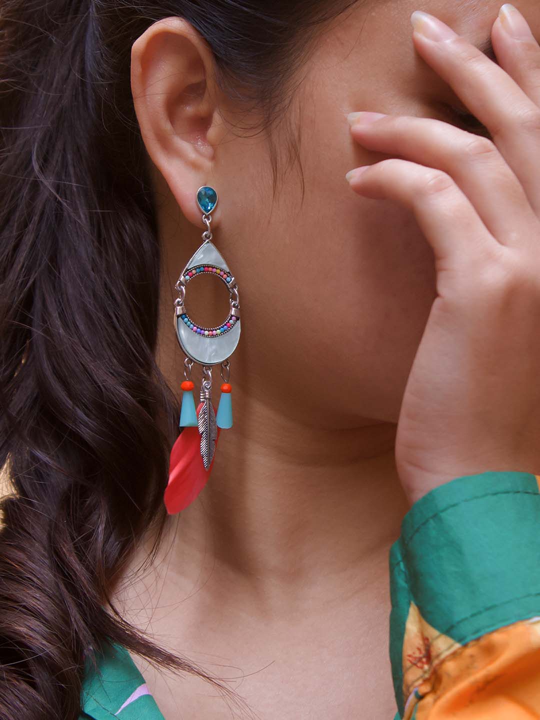 Crescent Moon Design Blue and Red Drop Earring