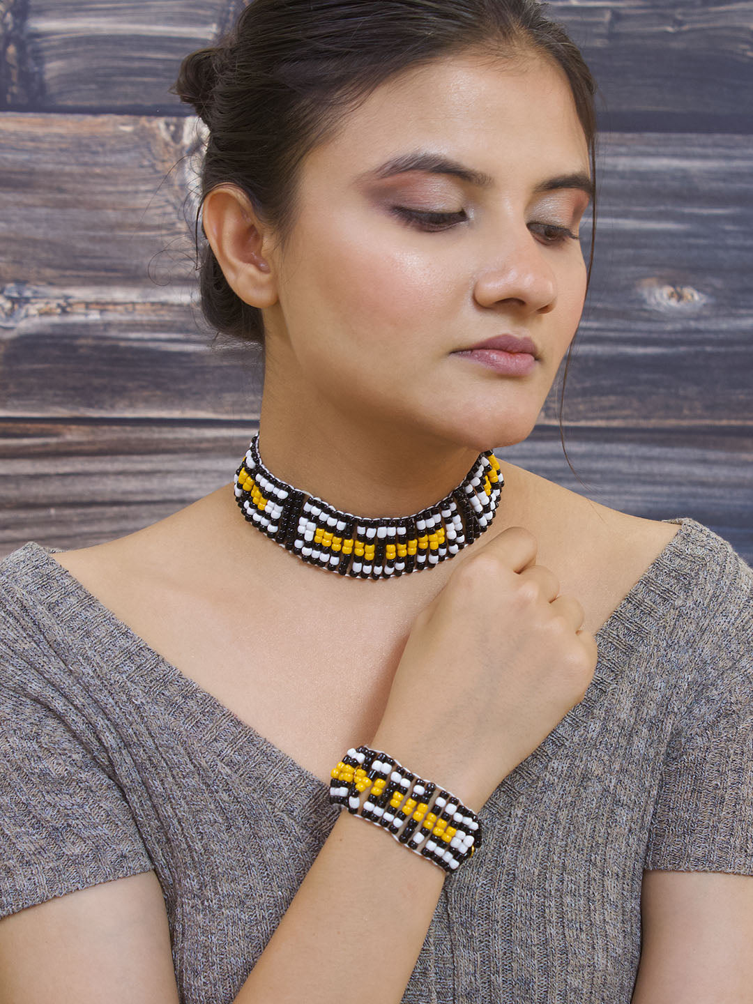 Glass Seed Beads Multicolor Gold Plated Boho Tribal Necklace And Bracelet