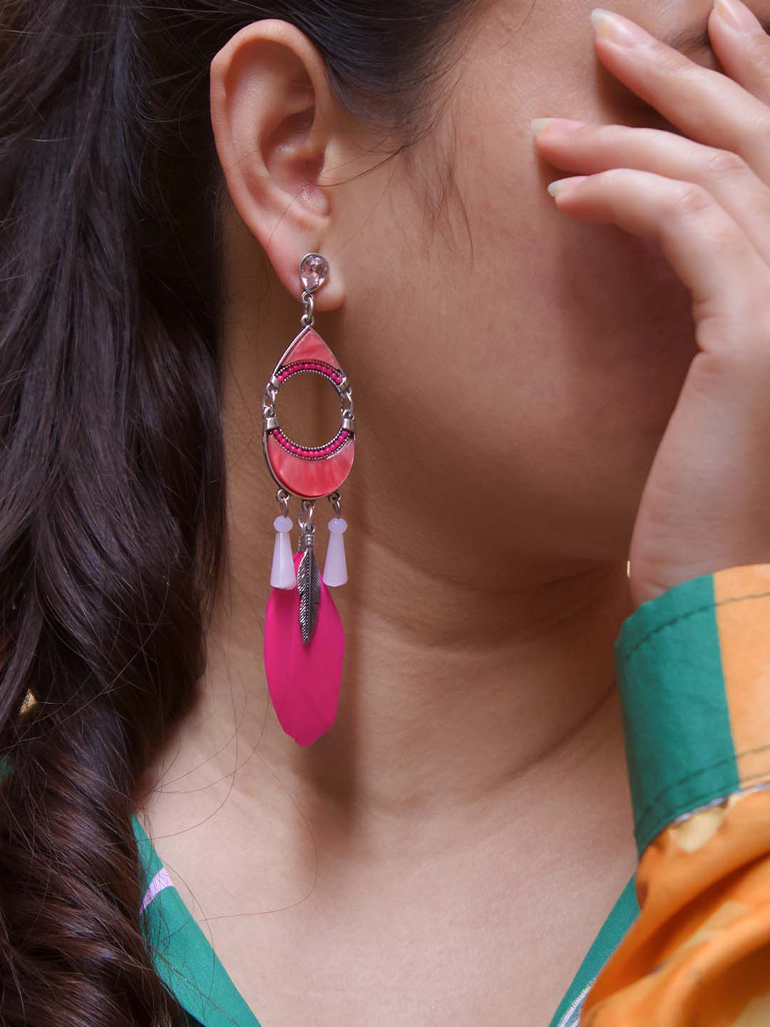 Crescent Moon Design Pink Drop Earring