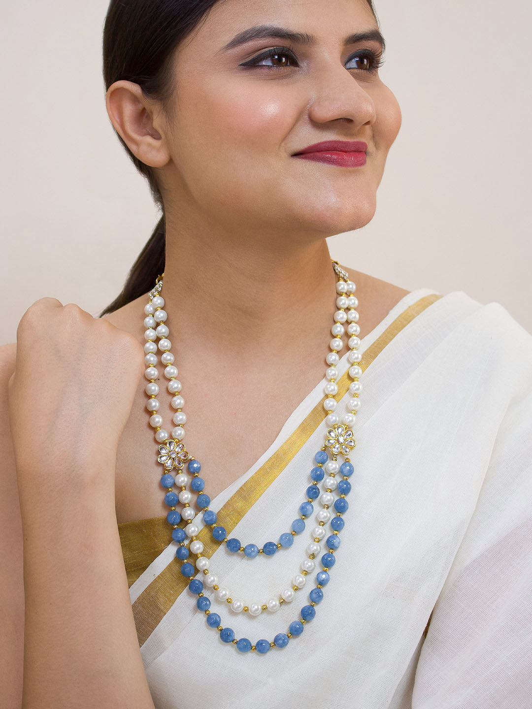 Designer Gold Plated Three Layered Blue And White Color Beads Floral Design Side Pendants Medium Necklace