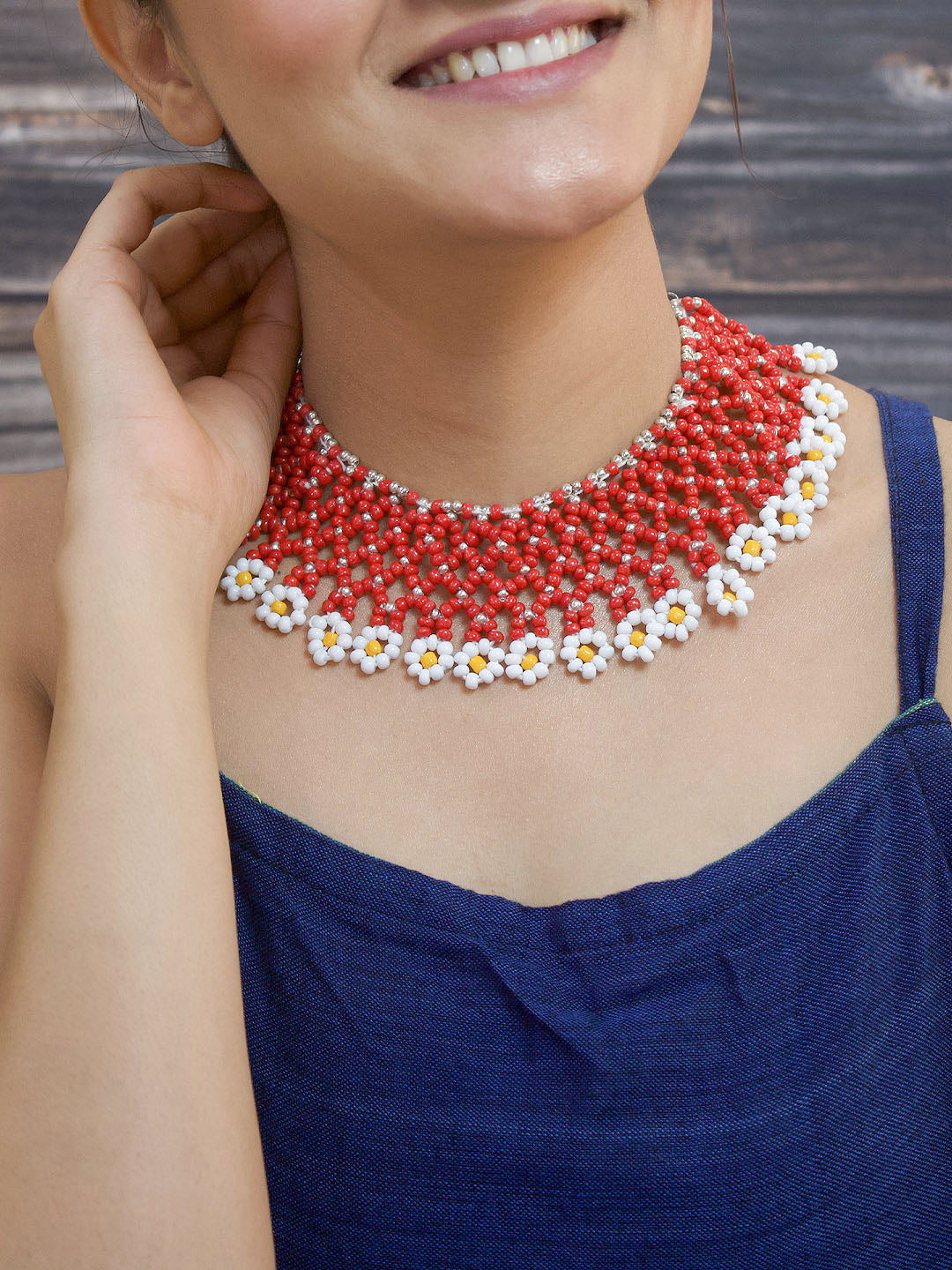 Red And White Color Seed Beads Floral Design Choker Necklace