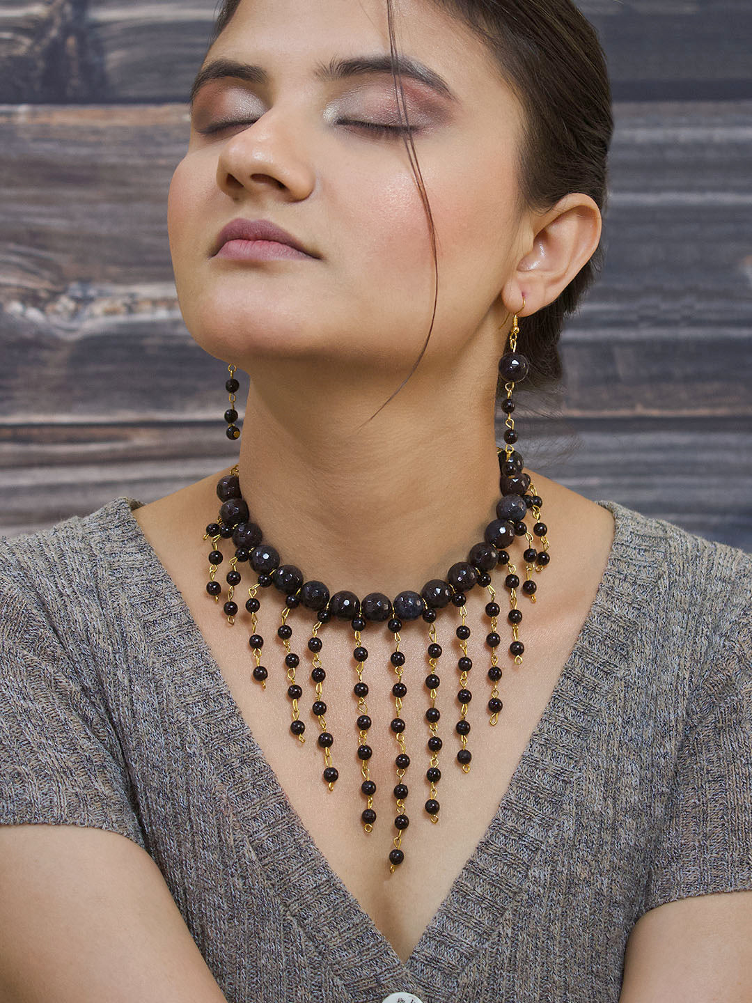 Gold Plated Black Color Layered Agate Beads Choker Necklace Set