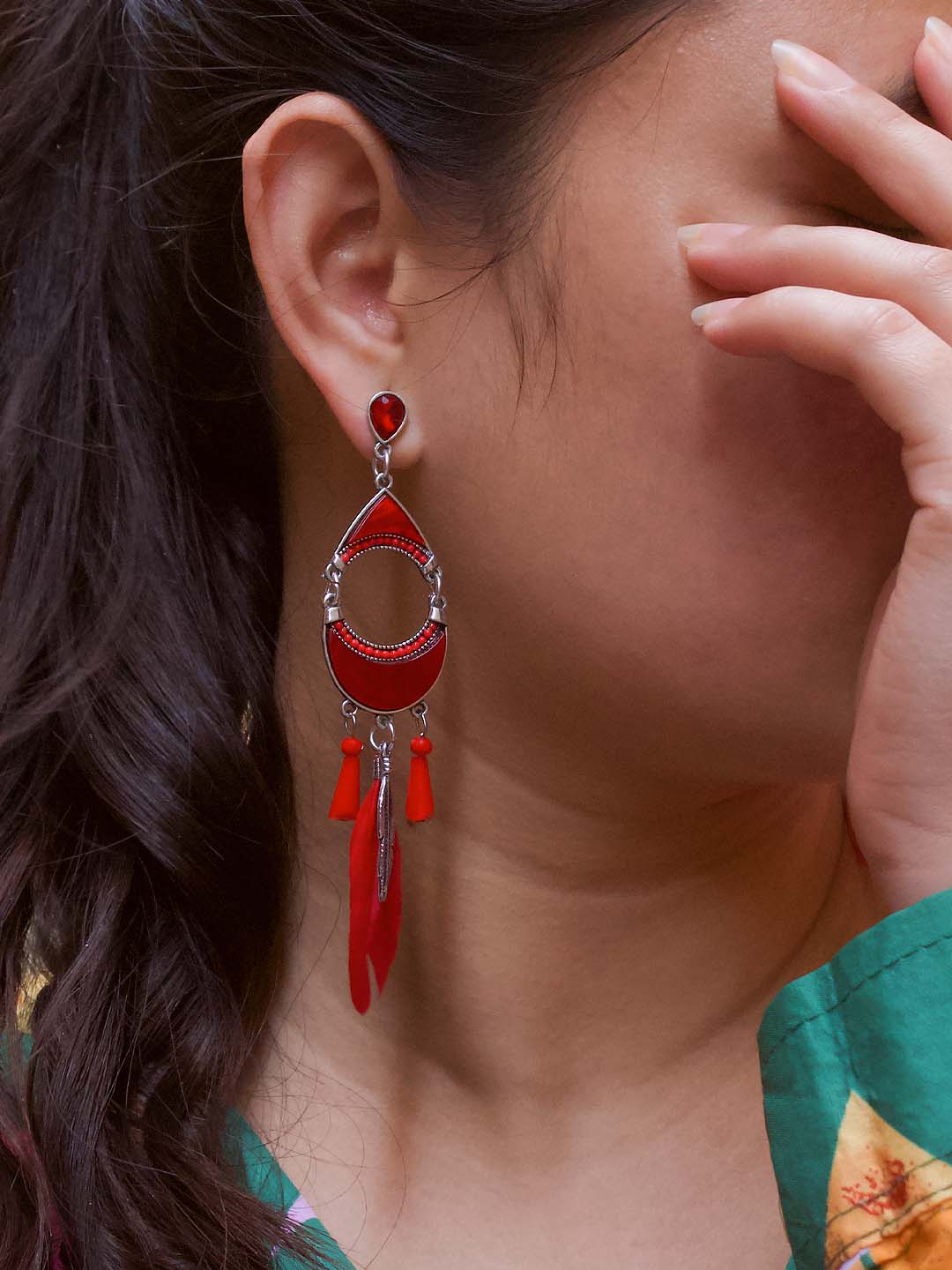 Crescent Moon Design Red Drop Earring