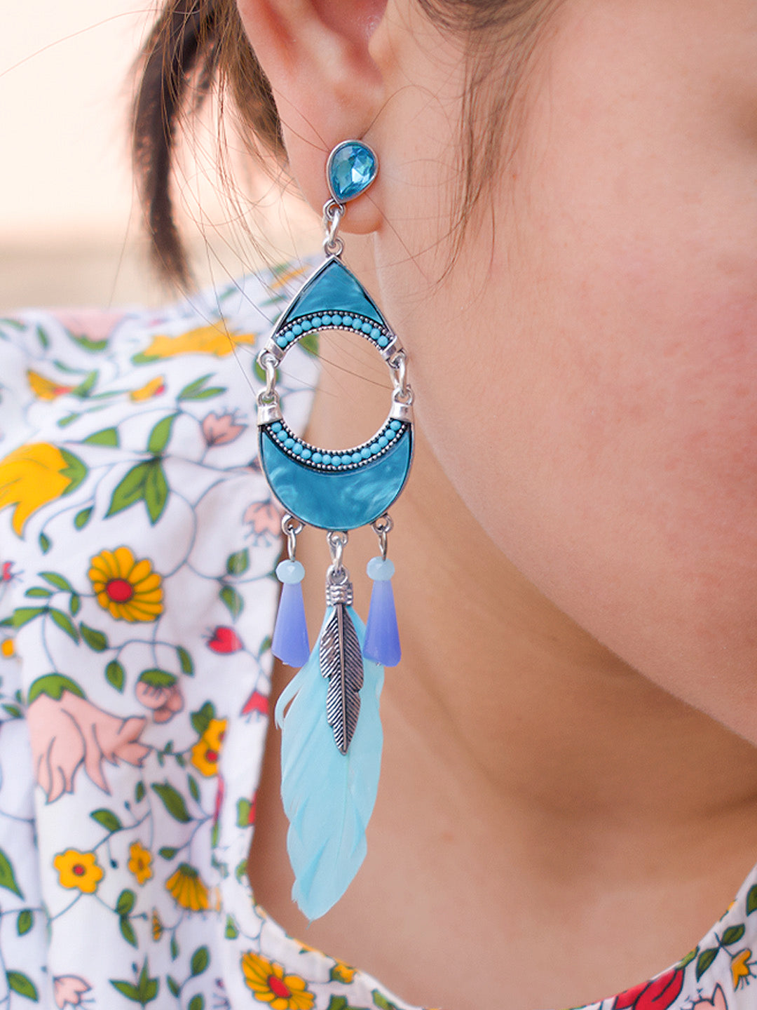 Crescent Moon Design Blue Drop Earring