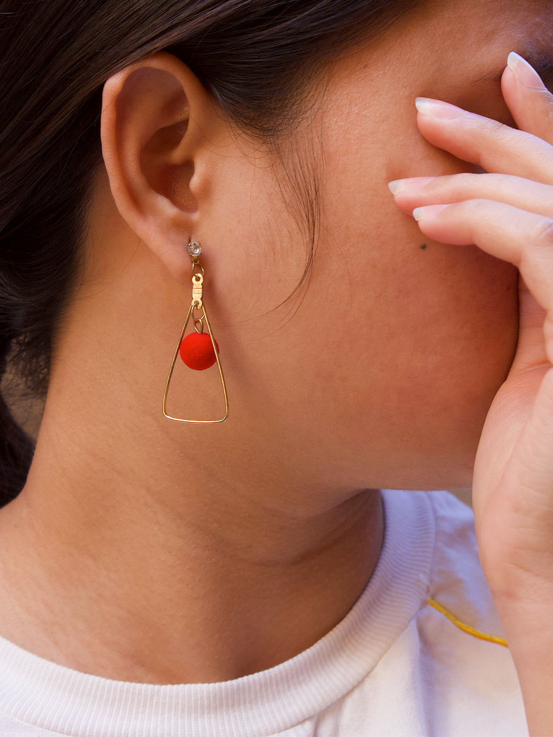 Gold Plated Triangle Design Red Color Sponge Bead Dangler Earring