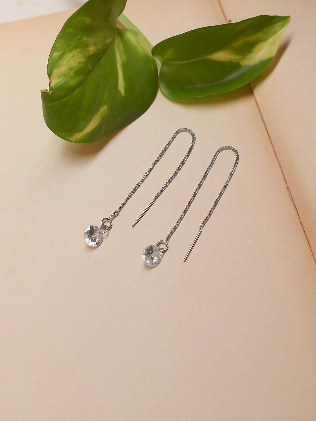 Silver Plated Hanging Chain With Dropping Crystal Stone Drop Earring