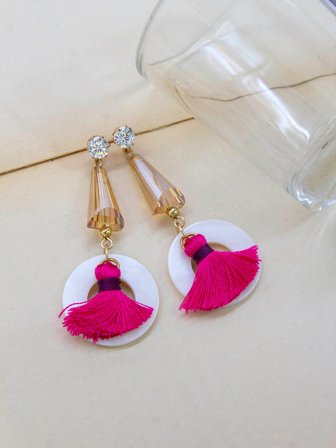 Gold Plating Circle Design Pink And White Color Artificial Stone Fabric Tassel Earring