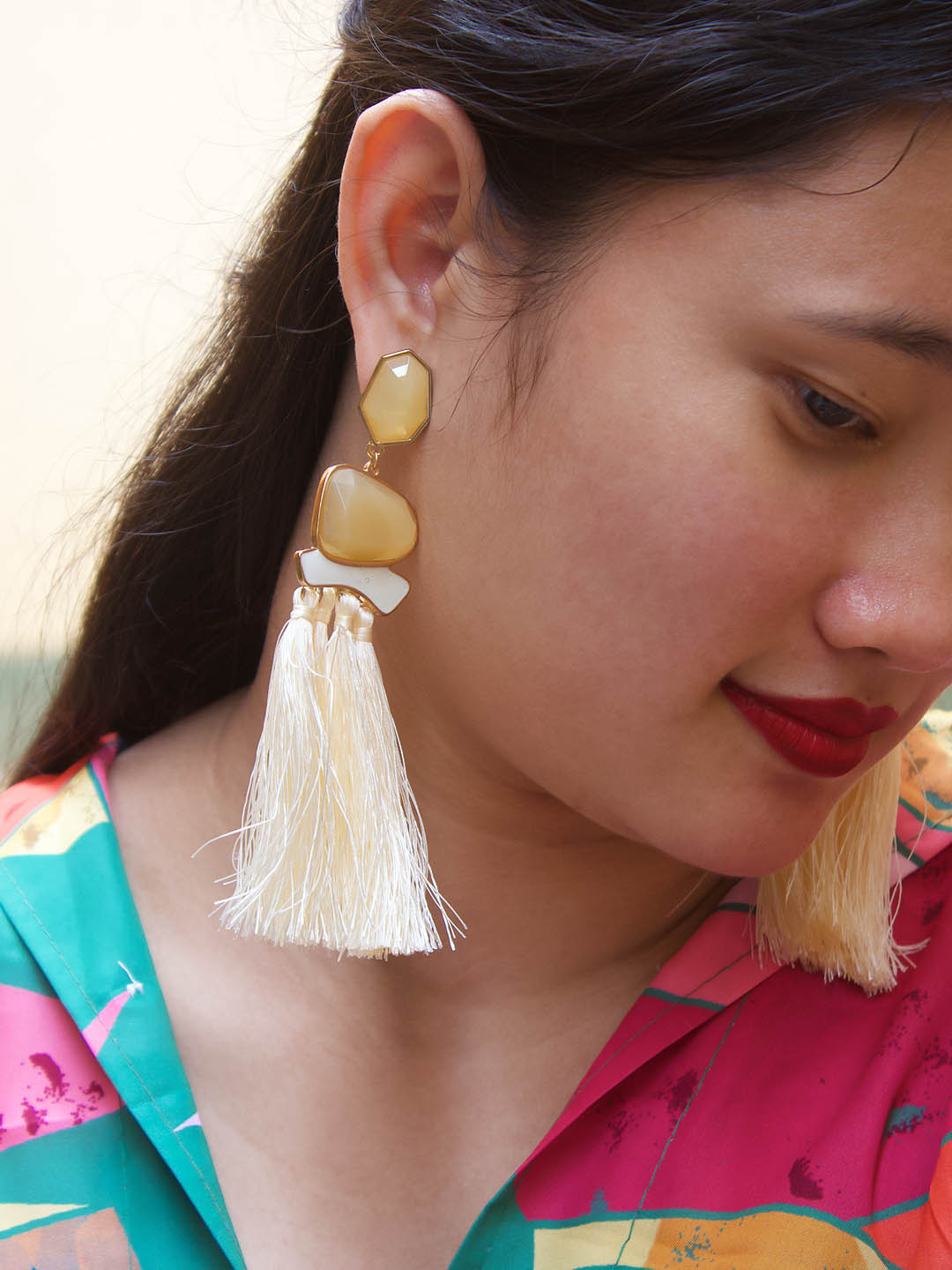 White Color Tassel Stud Earring