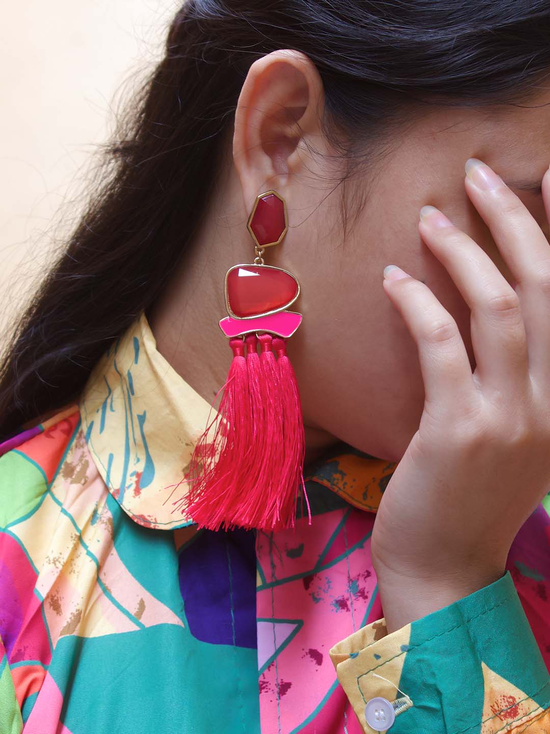 Pink Color Tassel Stud Earring