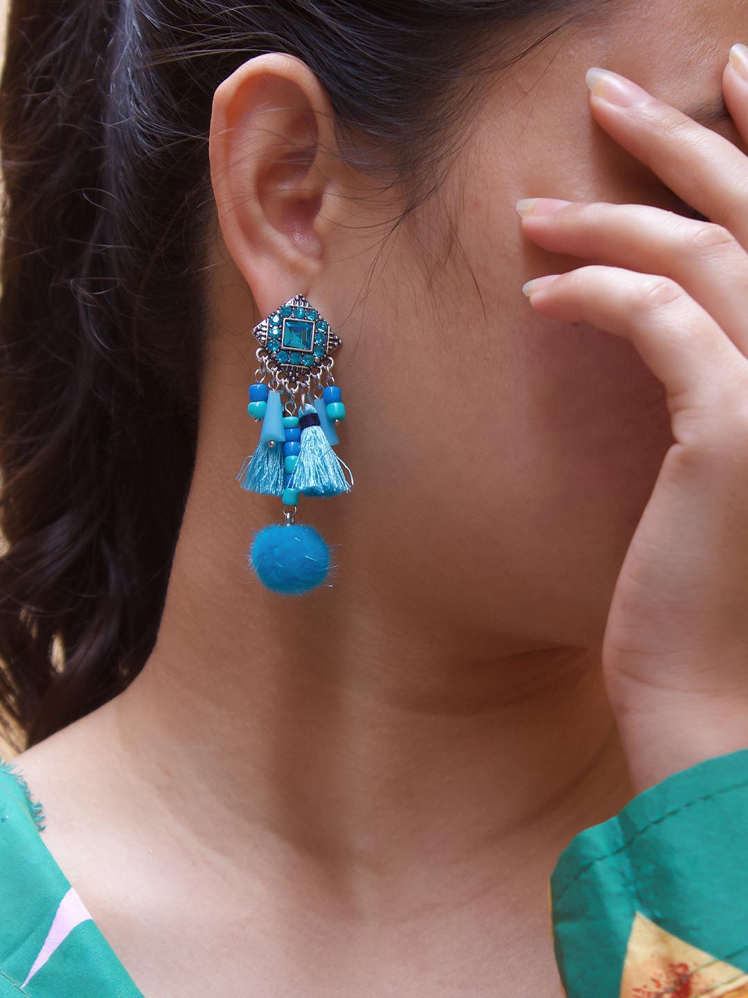 Blue Color Tassel With Pom Pom Hanging Earring