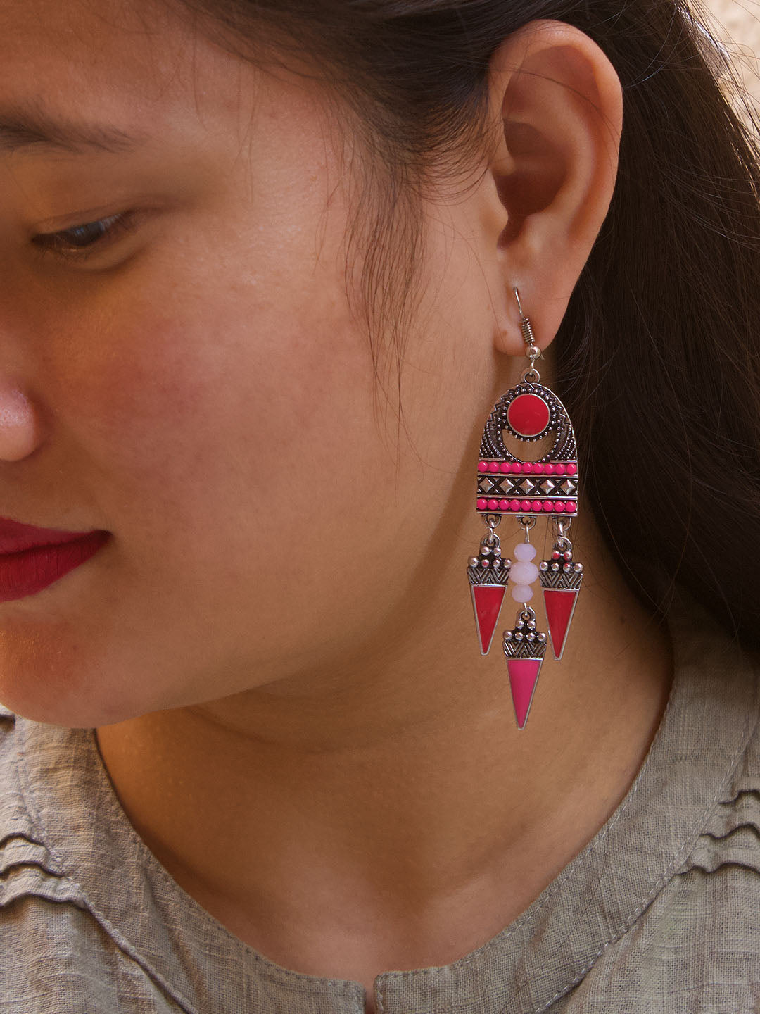 Red And Pink Color With Enamel Paint Dangler Earring