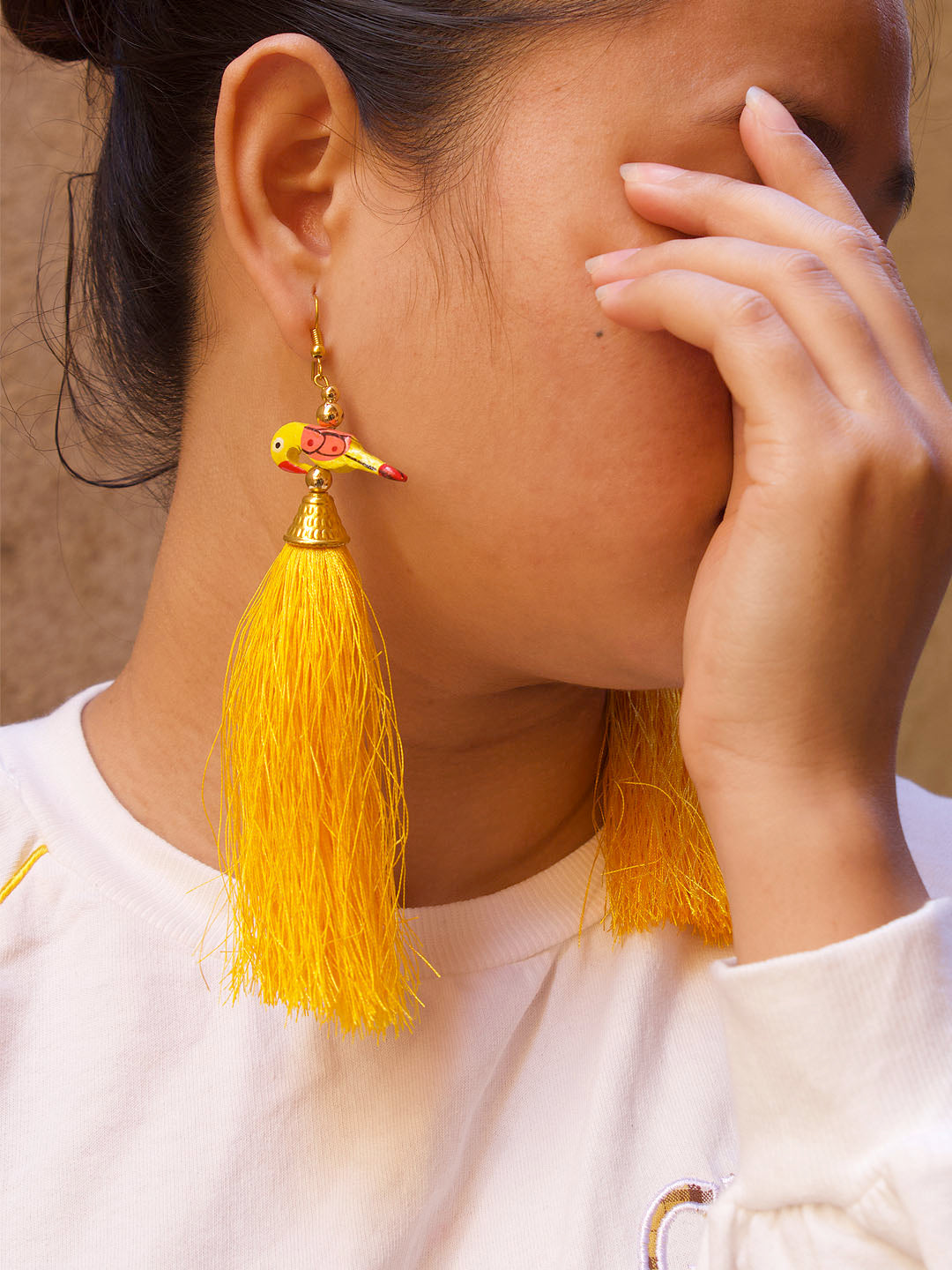 Gold Plated Parrot Design Studs With Yellow Color Hanging Tassels Dangler Earring