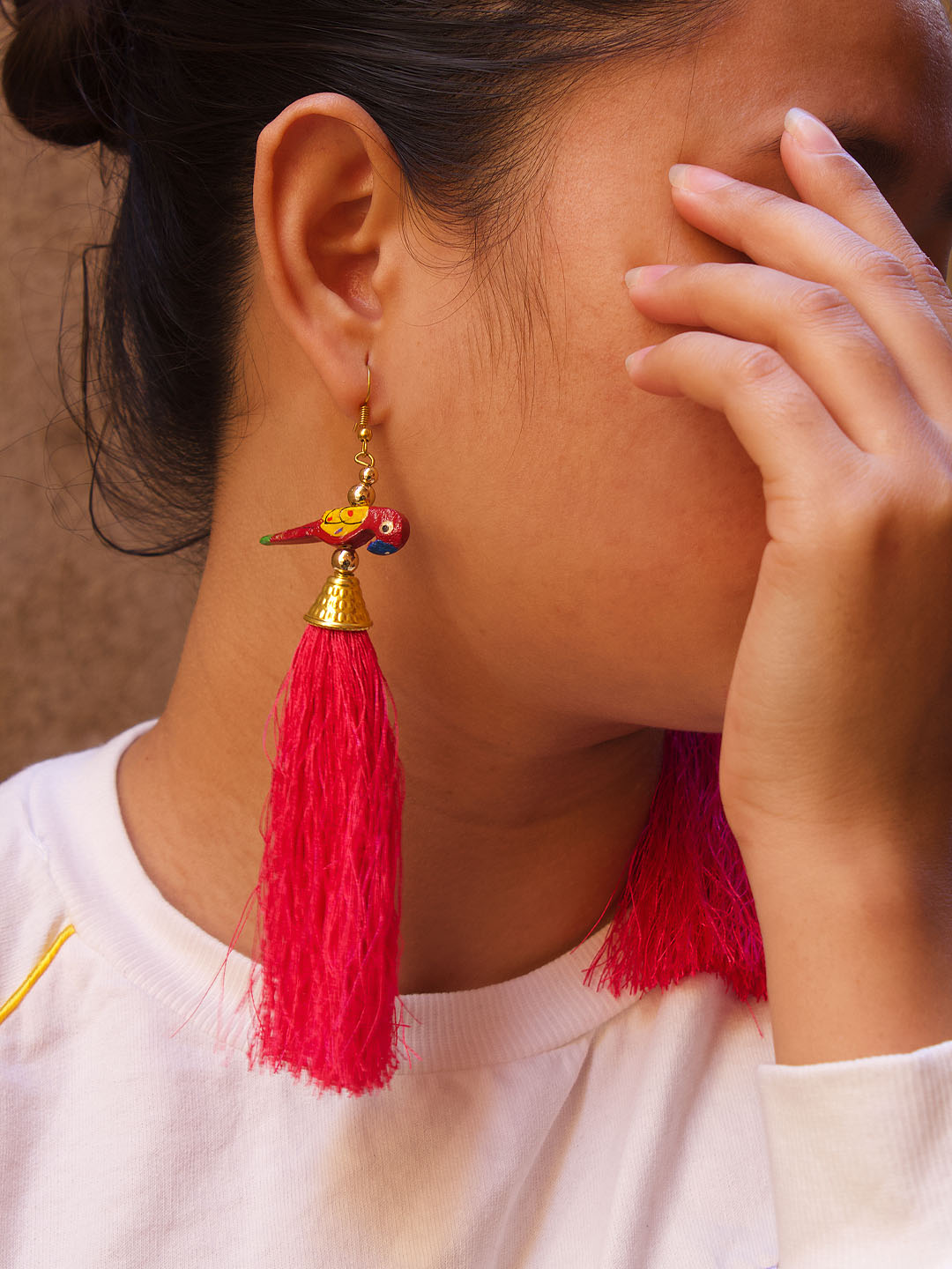 Gold Plated Parrot Design Studs With Pink Color Hanging Tassels Dangler Earring