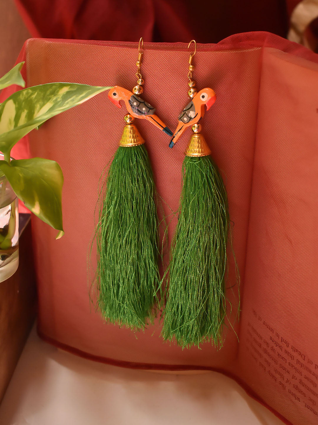 Gold Plated Parrot Design Studs With Green Color Hanging Tassels Dangler Earring