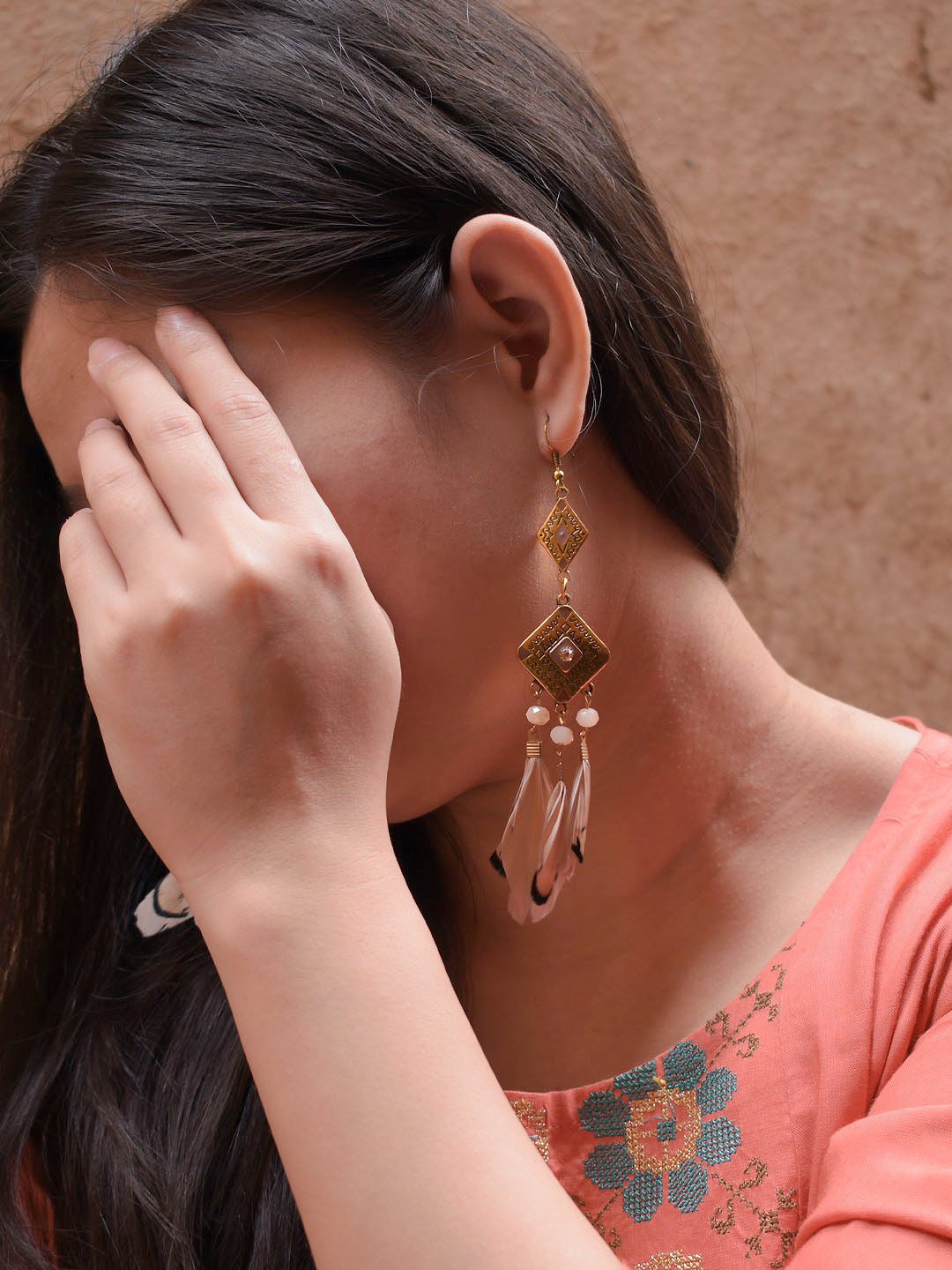 Antique Gold Color With Feather Droppings Dangler Earring