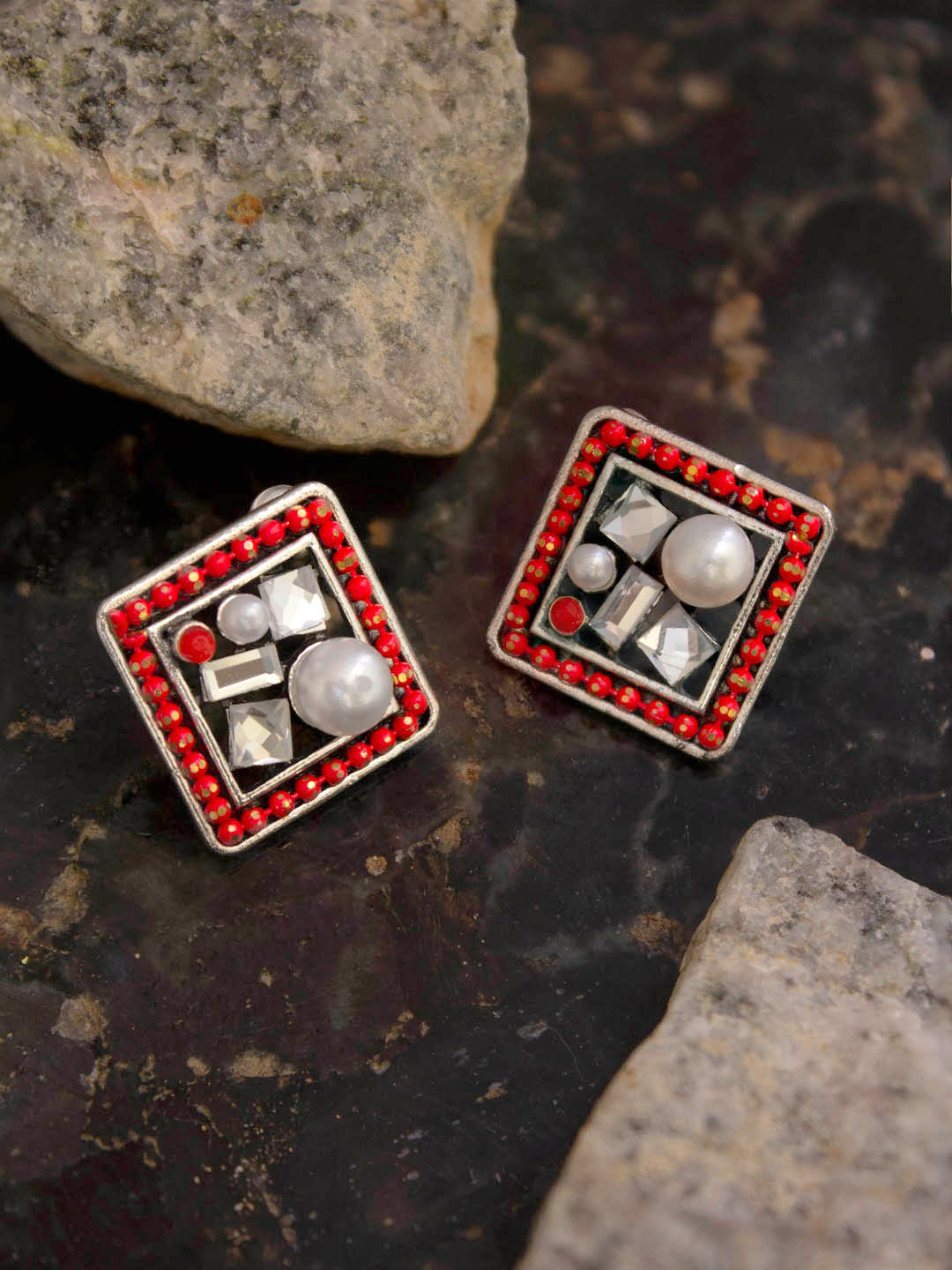 Silver Plated Square Design Red Color Plastic Stone And Pearl Stud Earring