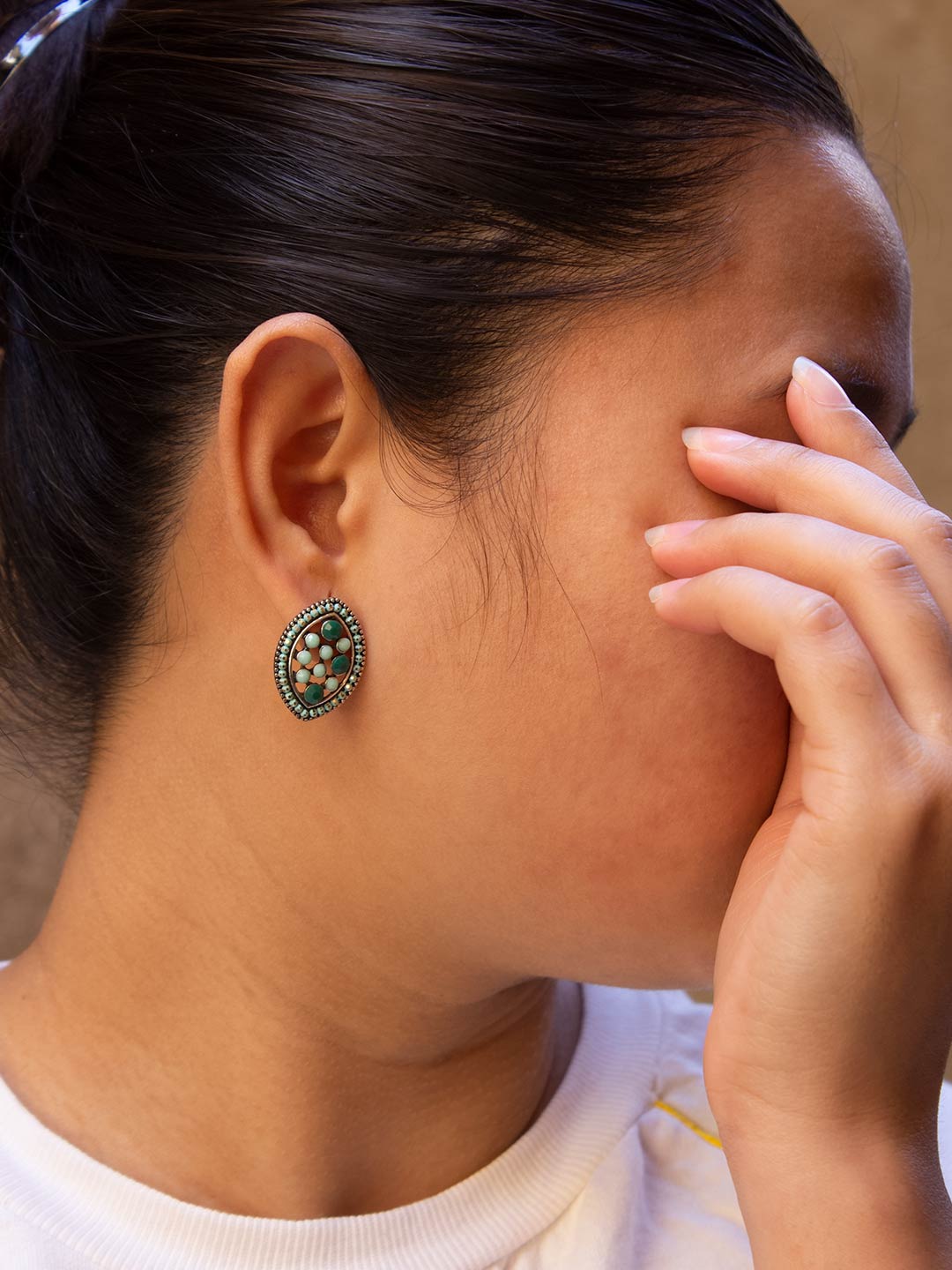 Silver Plated Oval Shape Flower Petal Design Turquoise Color Plastic Stone Stud Earring