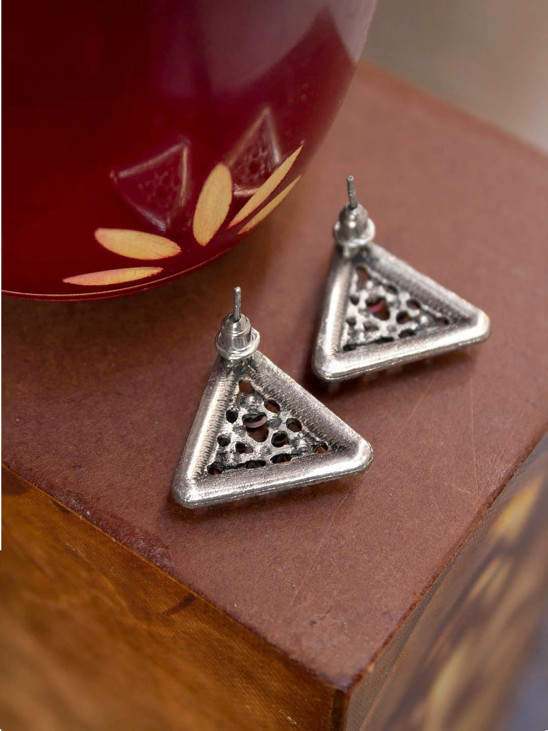 Silver Plated Triangle Shape Peach Color Plastic Stone Stud Earring