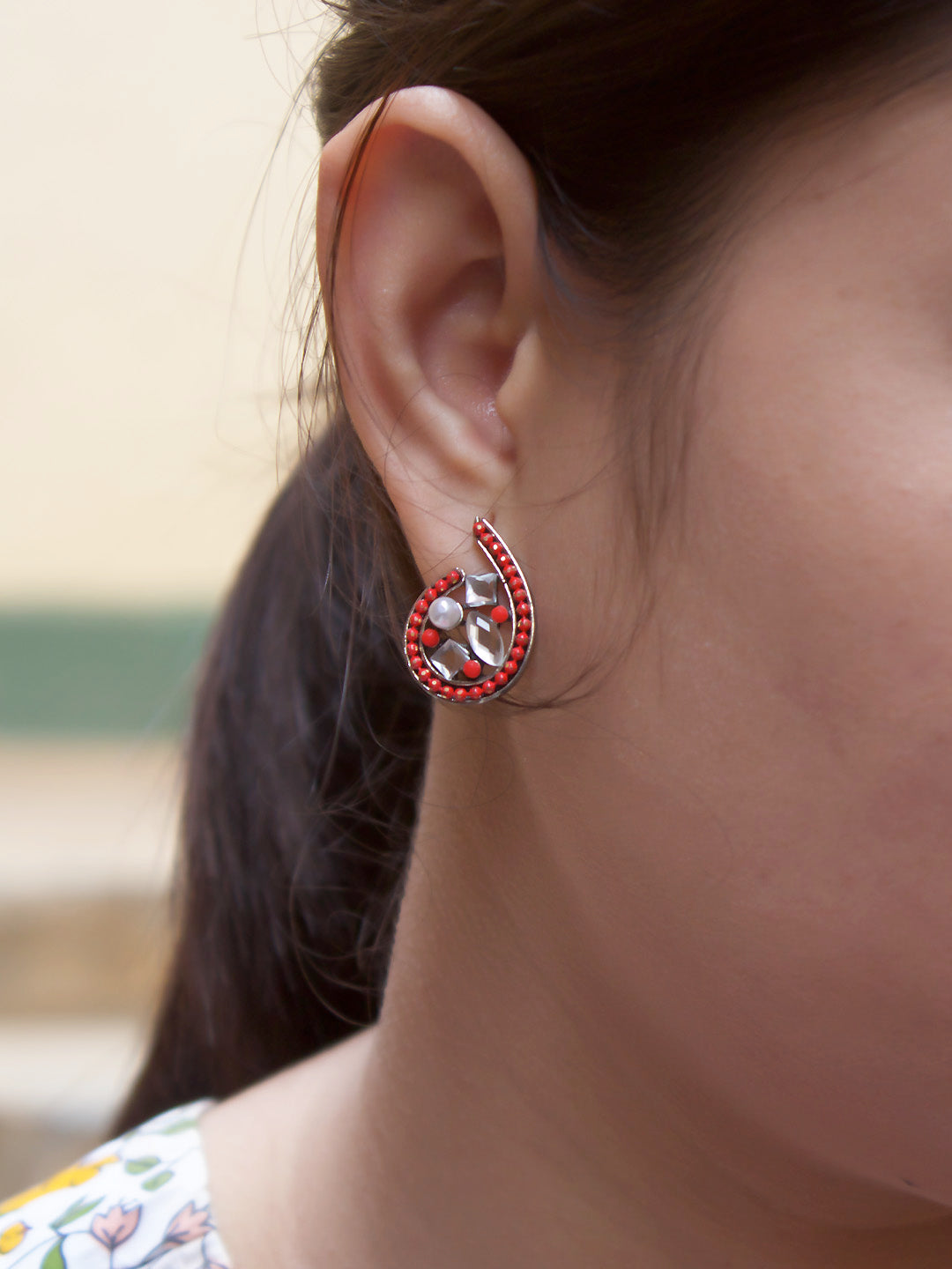 Spiral Design Red Stud With Stones Earring