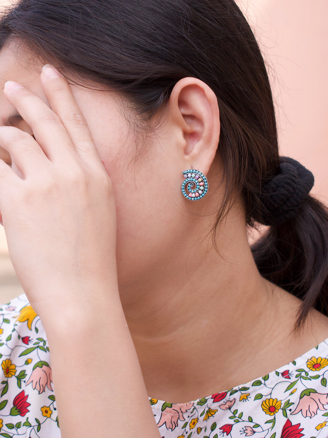 Spiral Design Blue Stud With Stones Earring