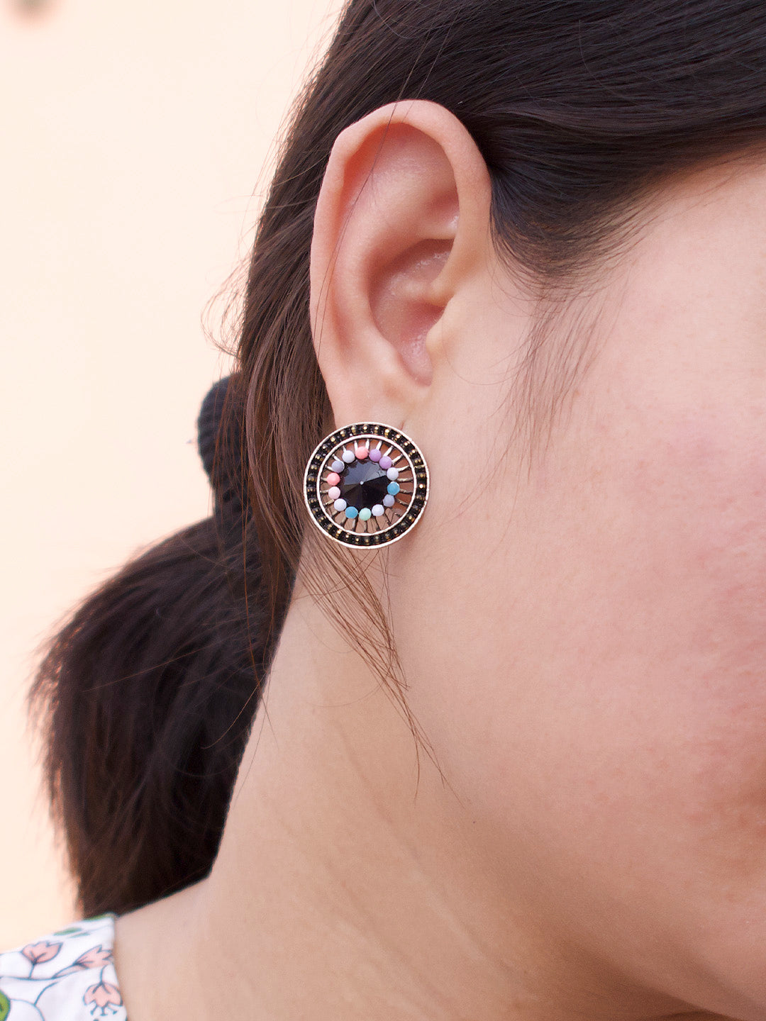 Round Design Blue Stud With Stones Earring