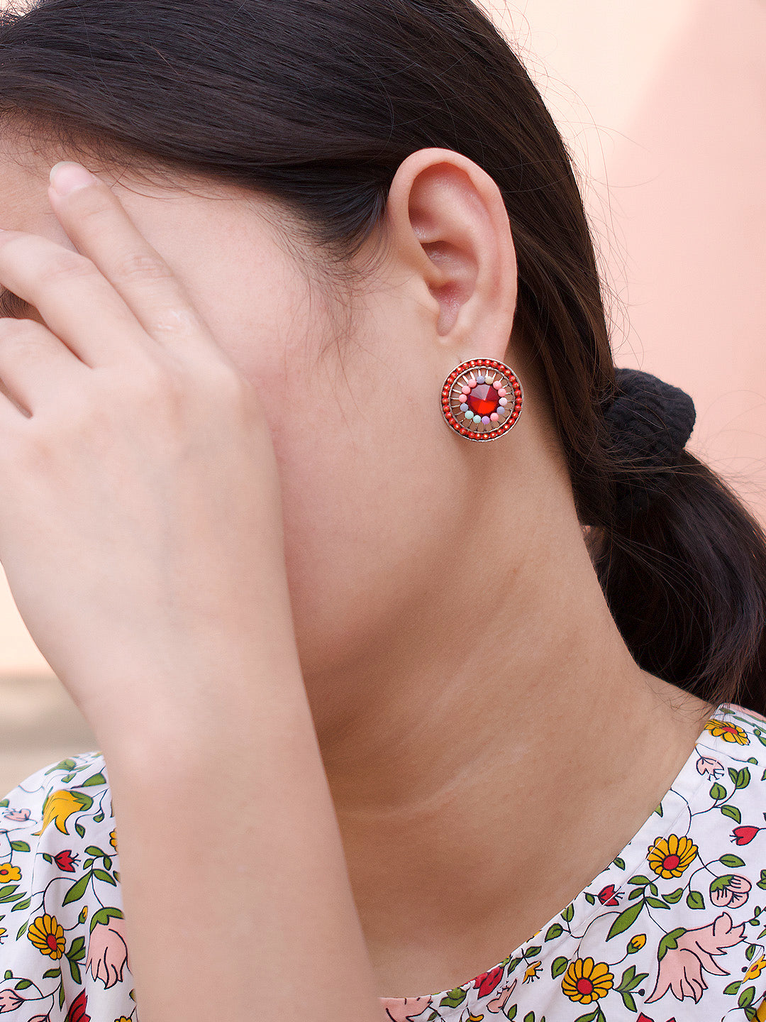 Round Design Red Stud With Stones Earring