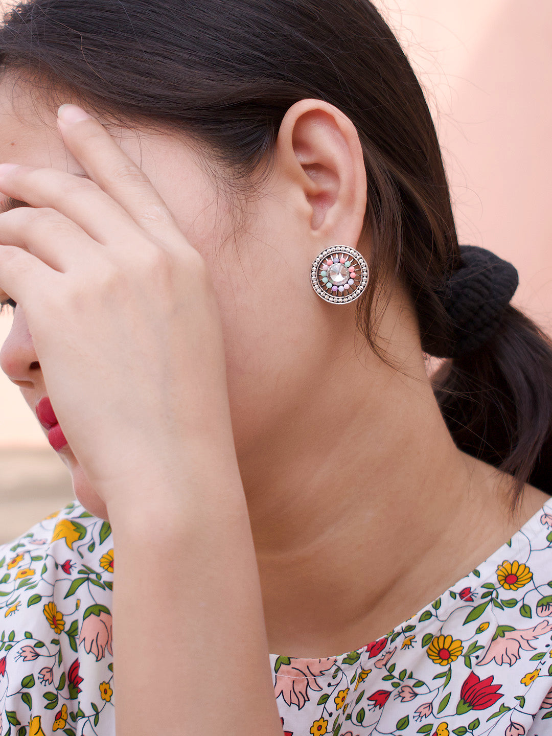 Round Design White Stud With Stones Earring