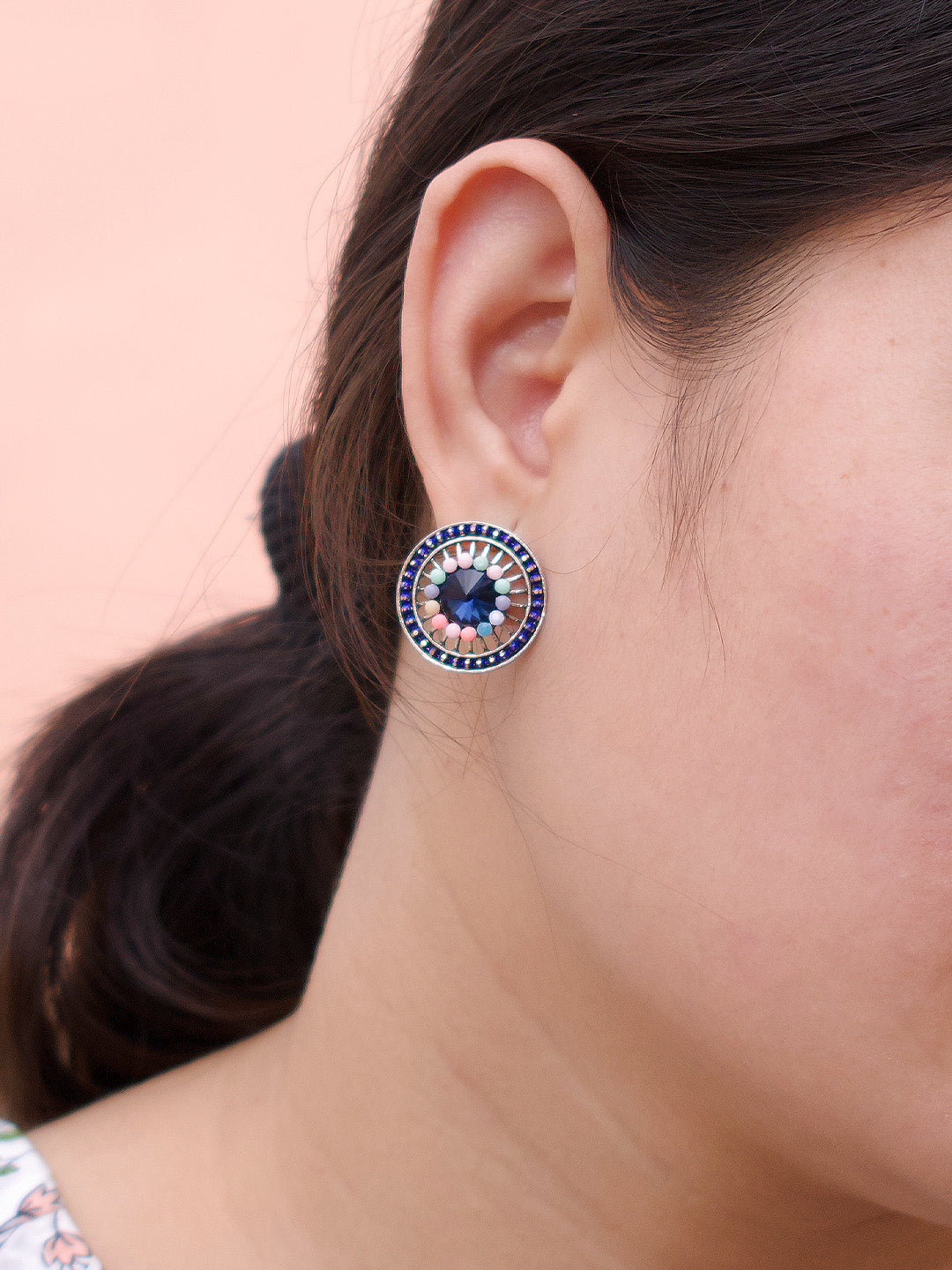 Round Design Blue Stud With Stones Earring