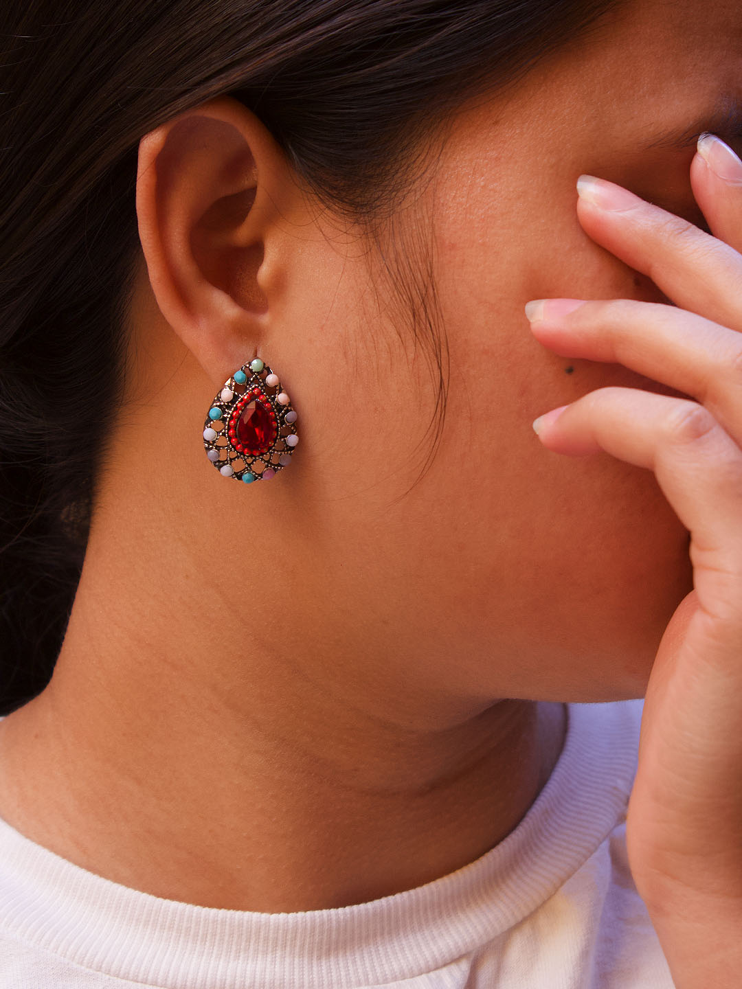 Tear Design Red Stud With Stones Earring