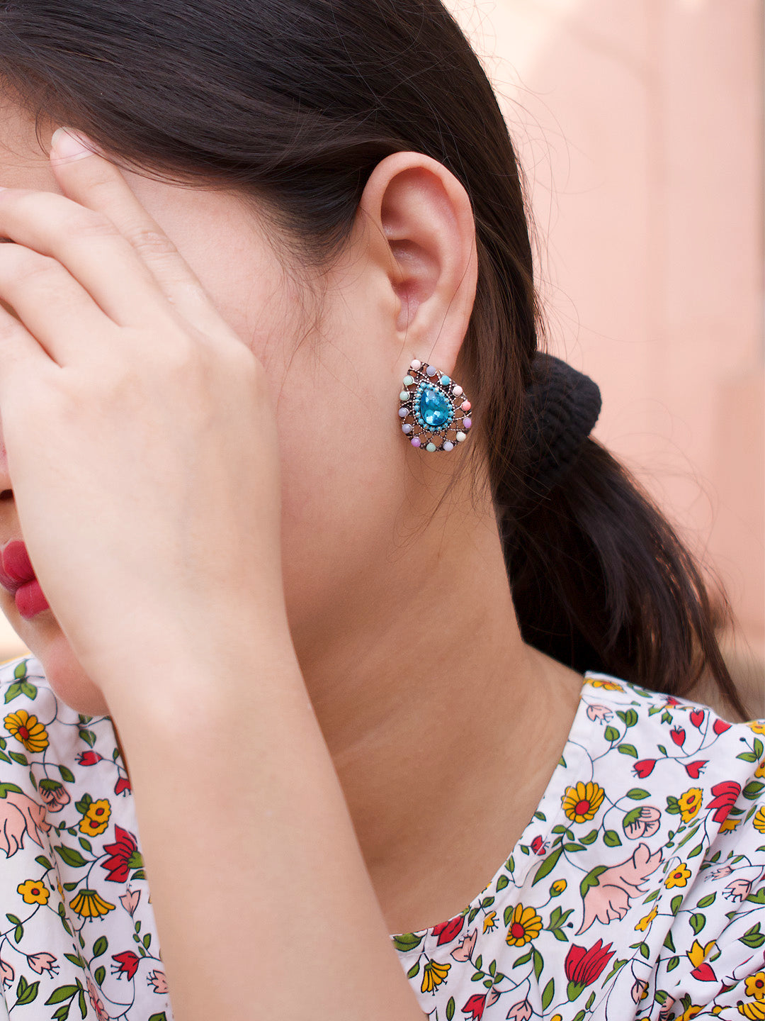 Tear Design Blue Stud With Stones Earring