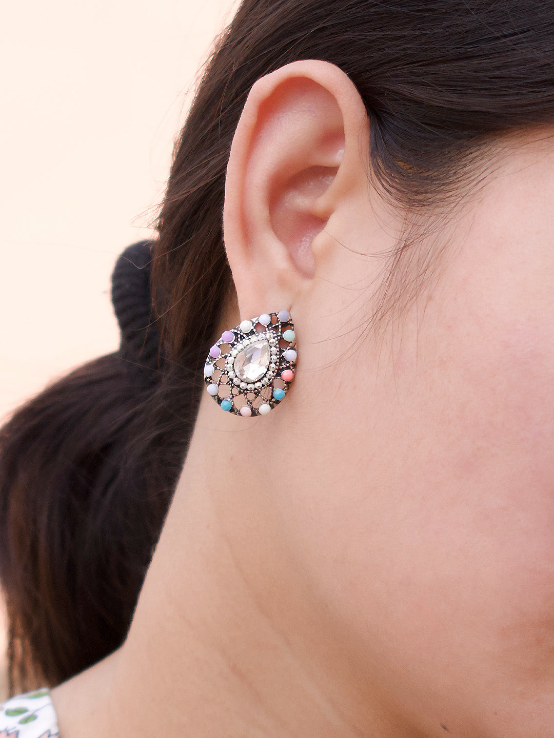 Tear Design White Stud With Stones Earring