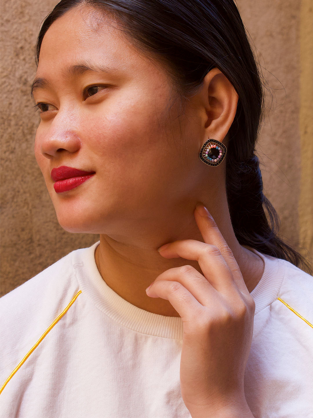 Square Design Black Stud With Stones Earring