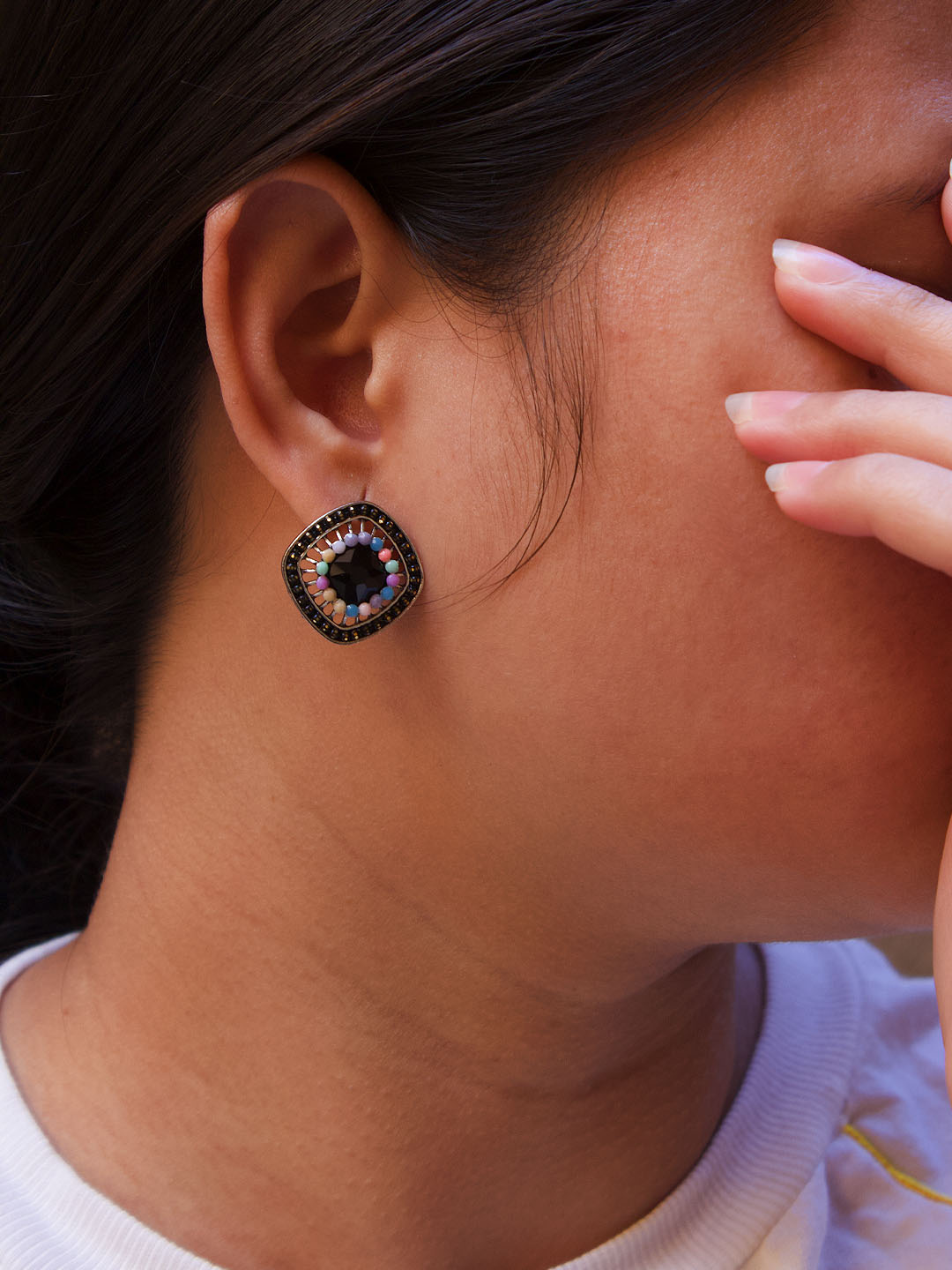 Square Design Black Stud With Stones Earring