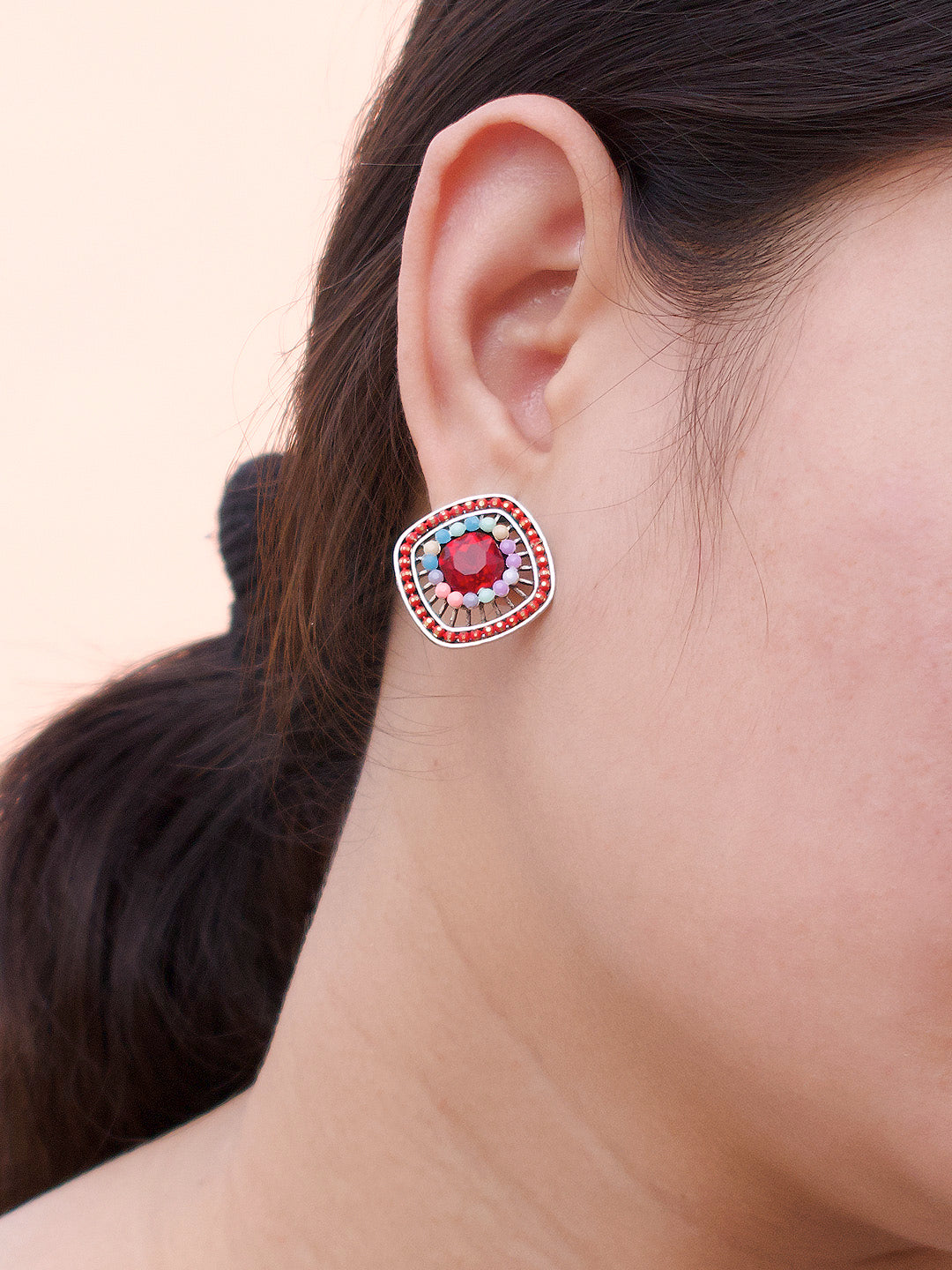 Square Design Red Stud With Stones Earring