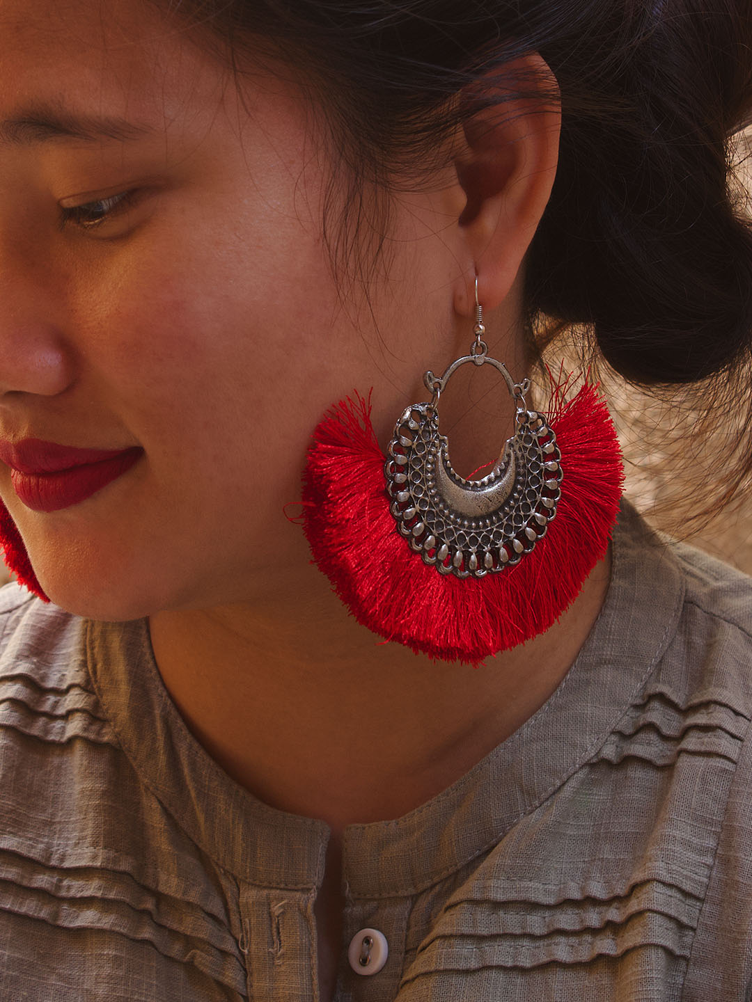 Floral Design Red Drop Earring