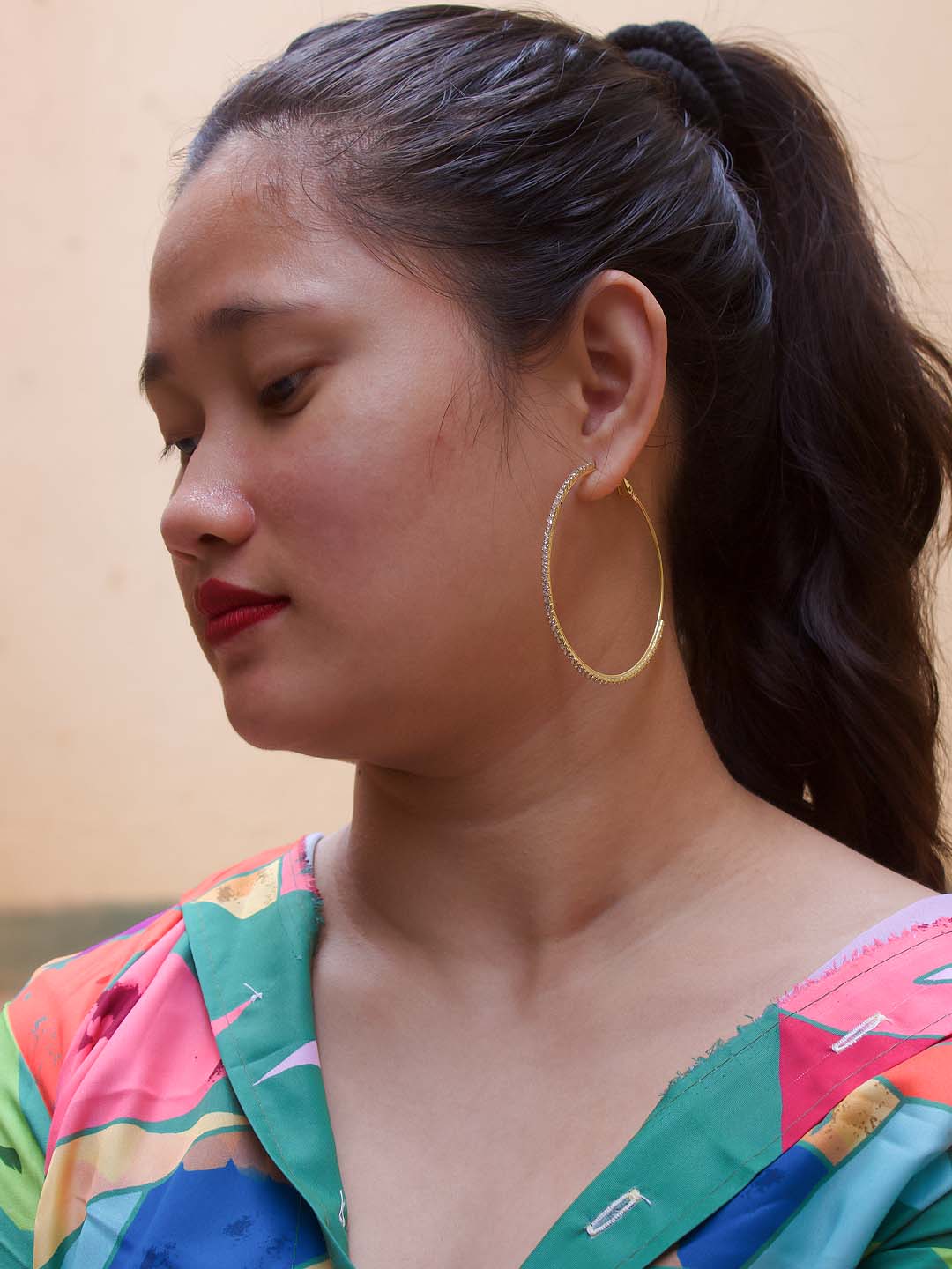 Round Design With White Stones Gold Plated Hoop Earring