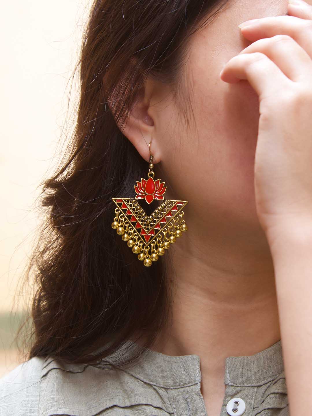 Red Color Lotus Design Gold Plated Dangler Earring