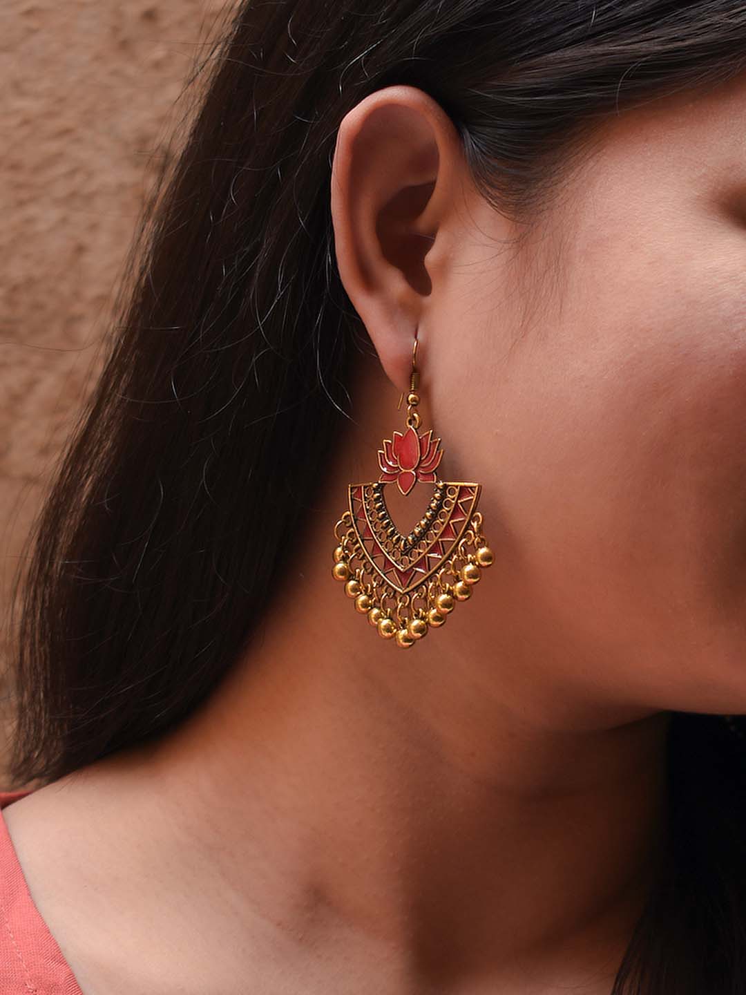 Gold Plated Red Color Lotus Design Afghani Earring
