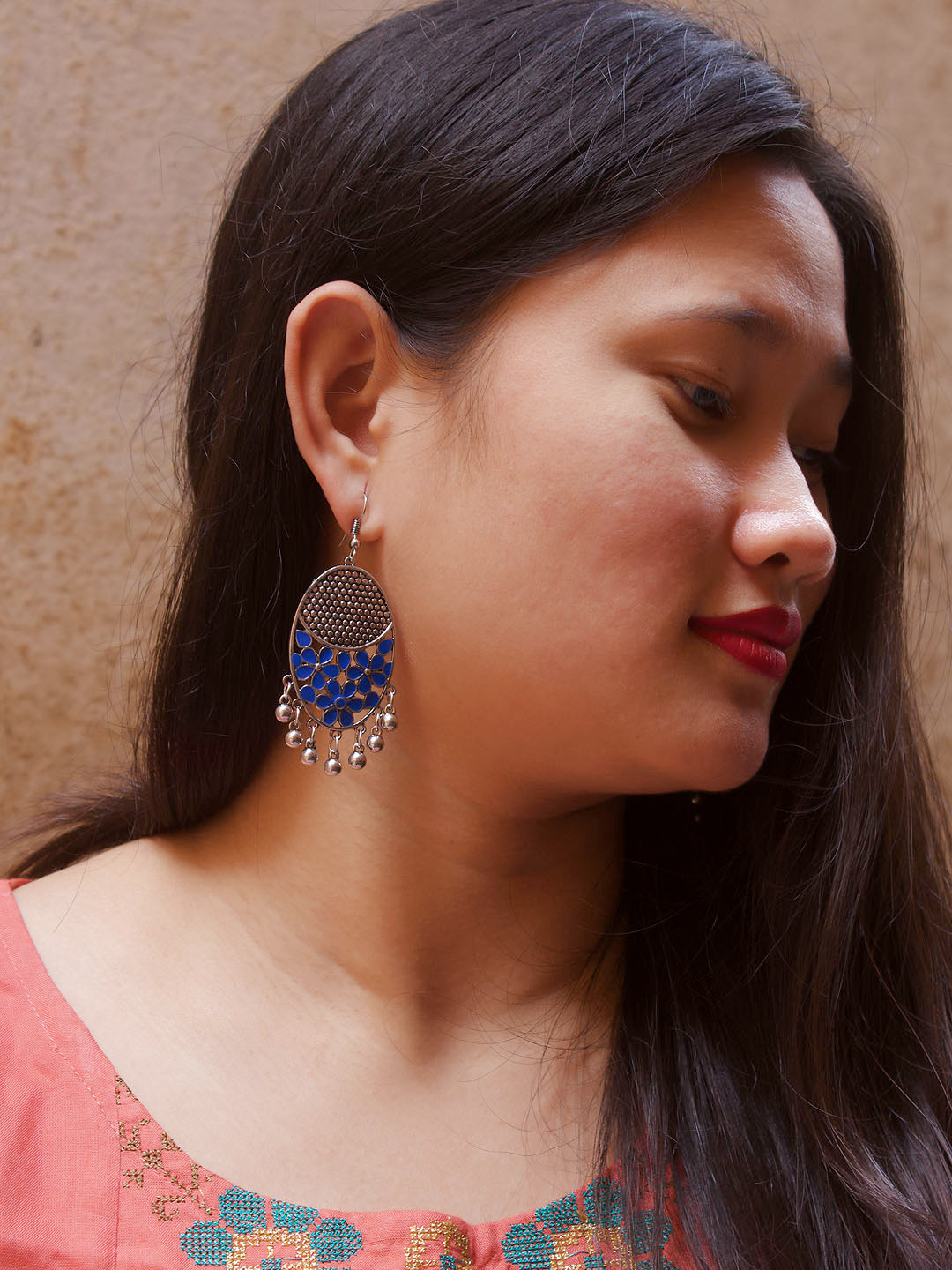 Silver Plated Leaf Design Blue Color Earring