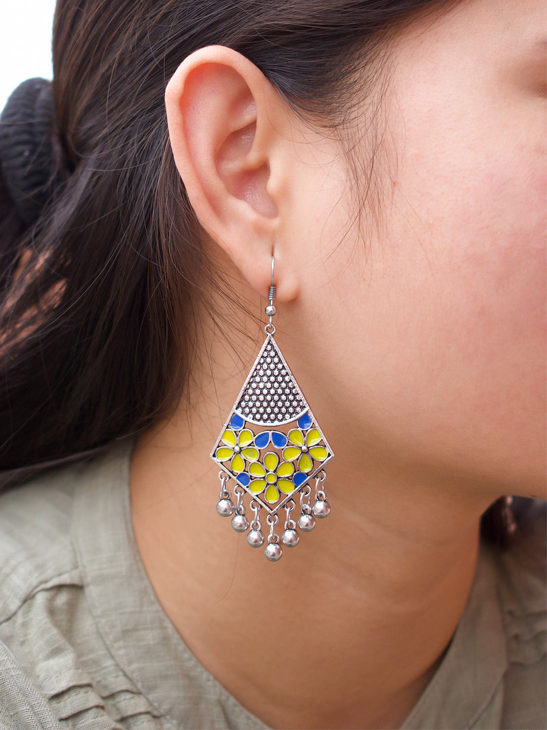 Geometric Design Yellow And Blue Earring