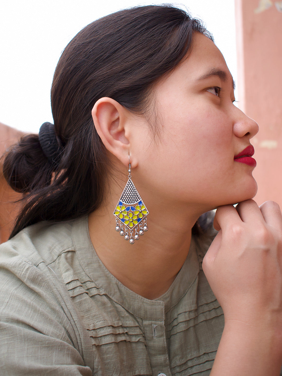 Geometric Design Yellow And Blue Earring
