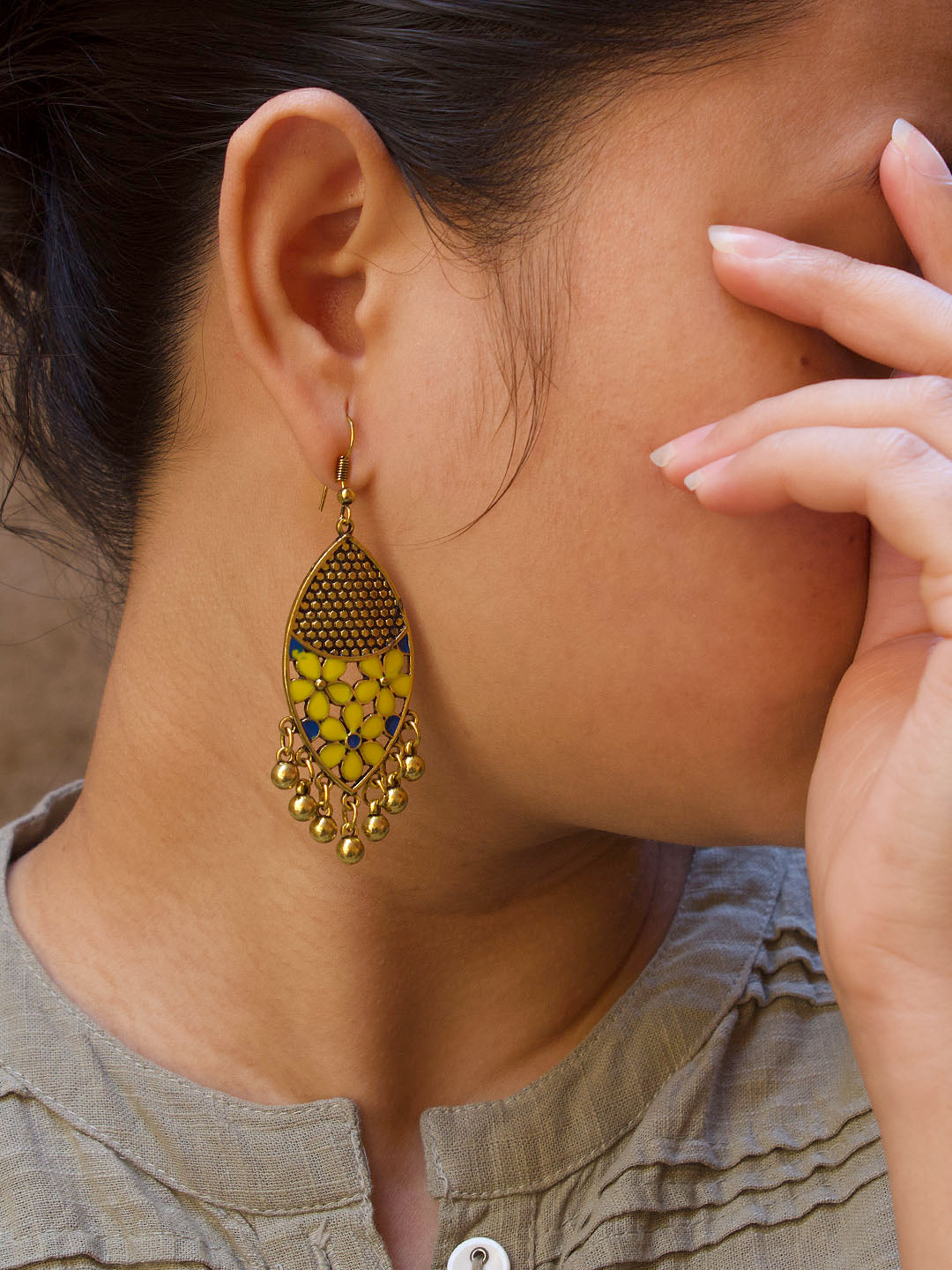 Gold Plated Leaf Design Yellow And Blue Color Earring