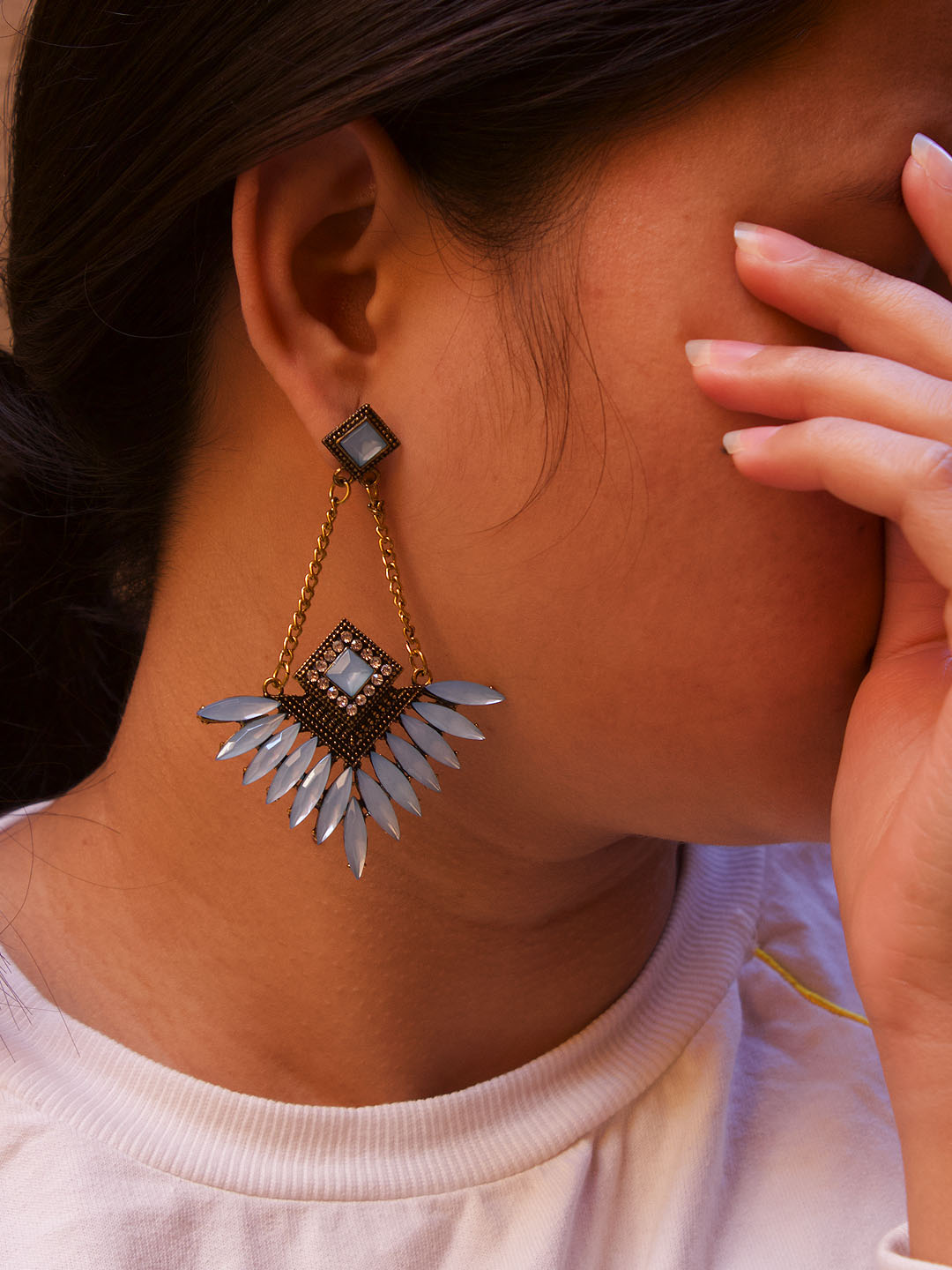 Gold Plated Rhombus Design Blue Color Artificial Stone Dangler Earring